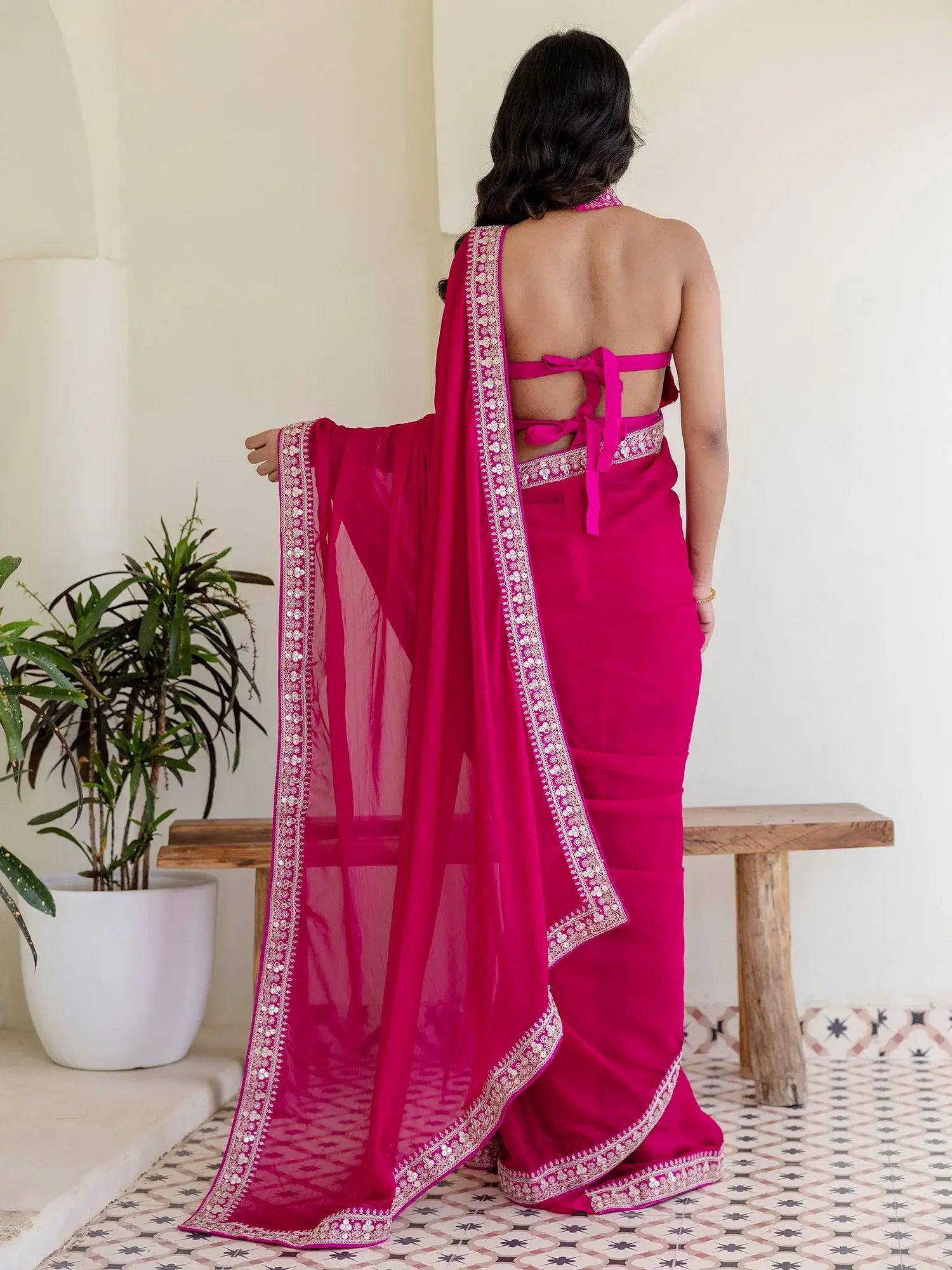 Stellar Rani Pink Border Work Silk Engagement Wear Saree With Blouse - Zeel Clothing