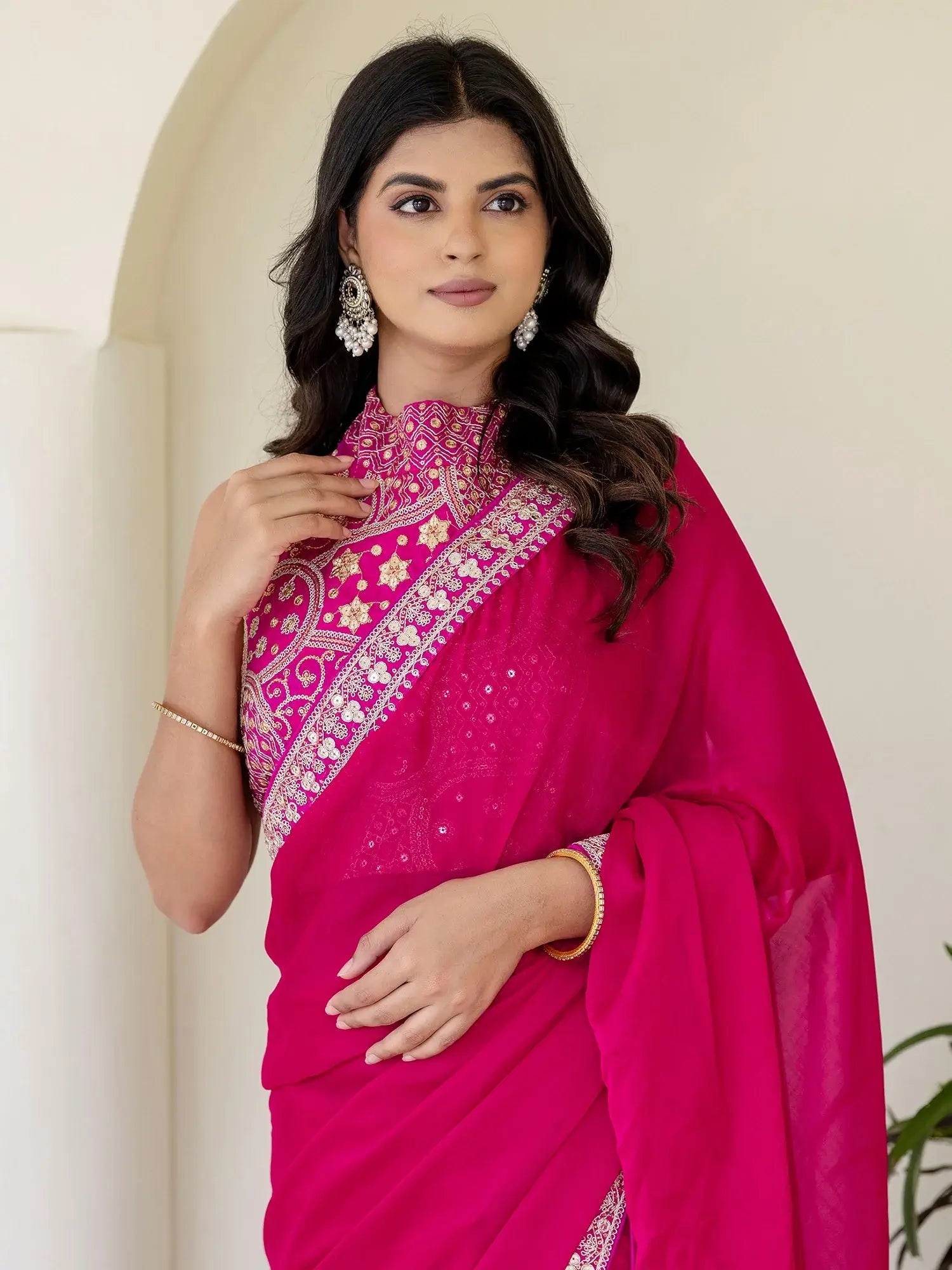 Stellar Rani Pink Border Work Silk Engagement Wear Saree With Blouse - Zeel Clothing