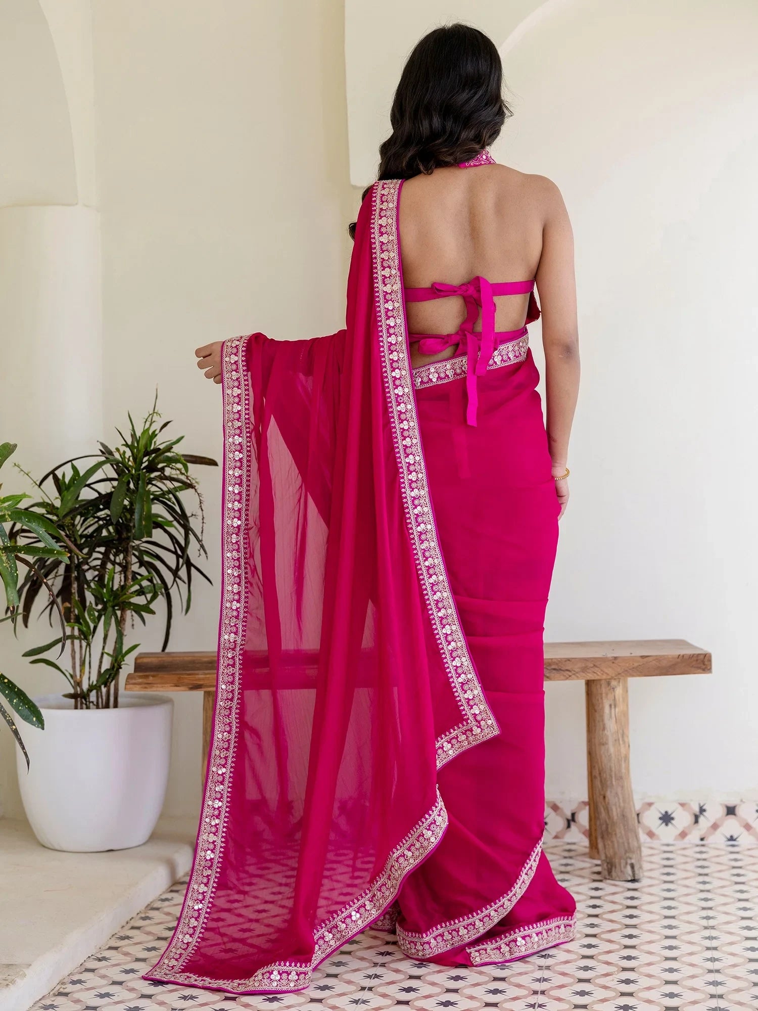Stellar Rani Pink Border Work Silk Engagement Wear Saree With Blouse - Zeel Clothing