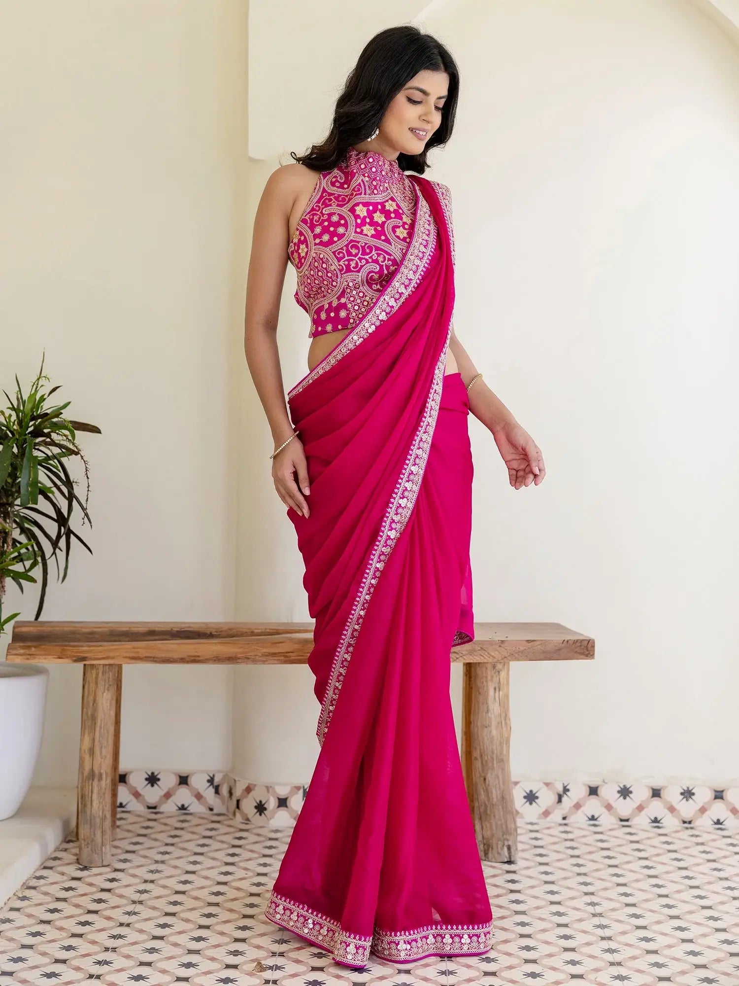 Stellar Rani Pink Border Work Silk Engagement Wear Saree With Blouse - Zeel Clothing