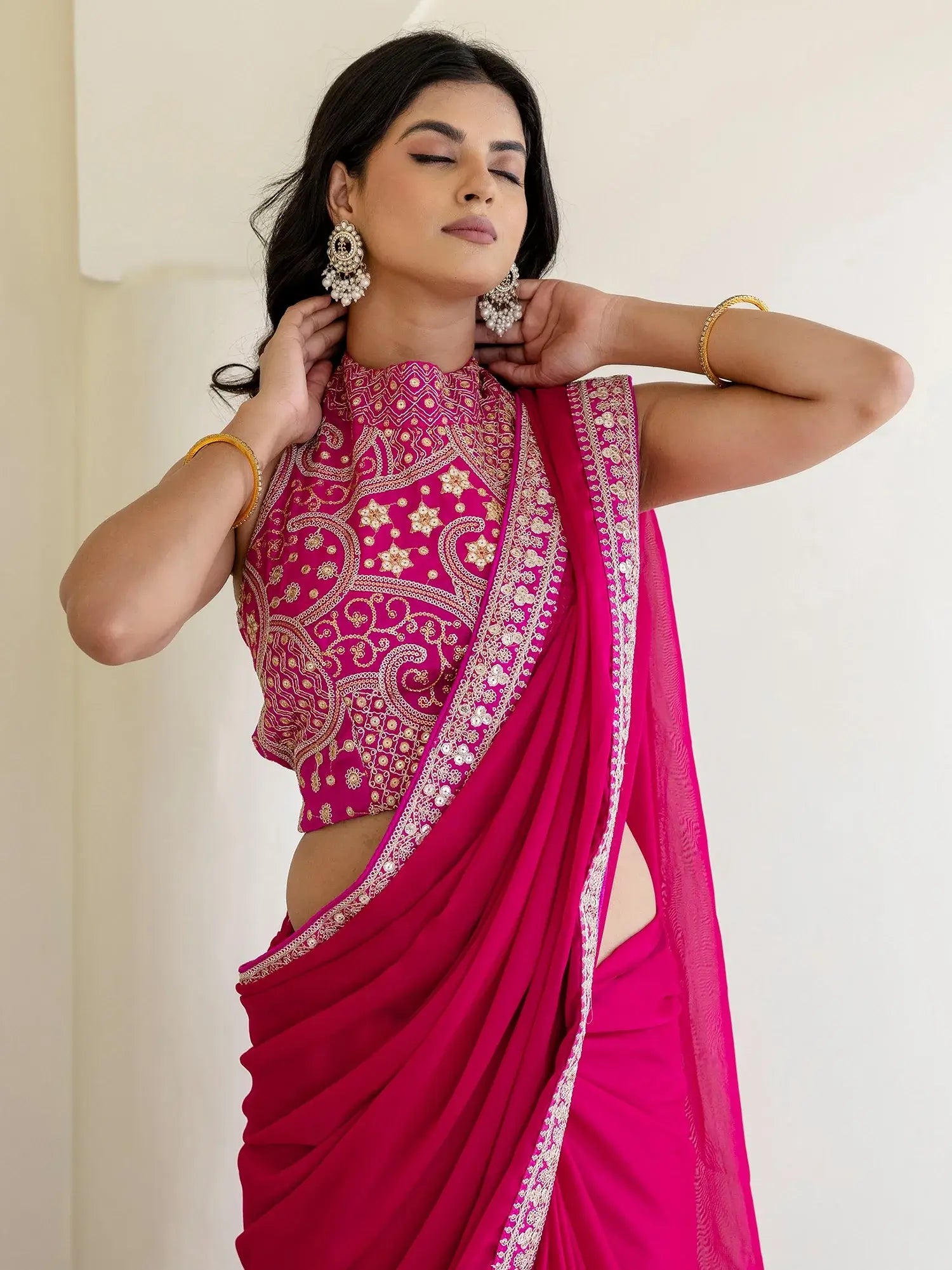 Stellar Rani Pink Border Work Silk Engagement Wear Saree With Blouse - Zeel Clothing