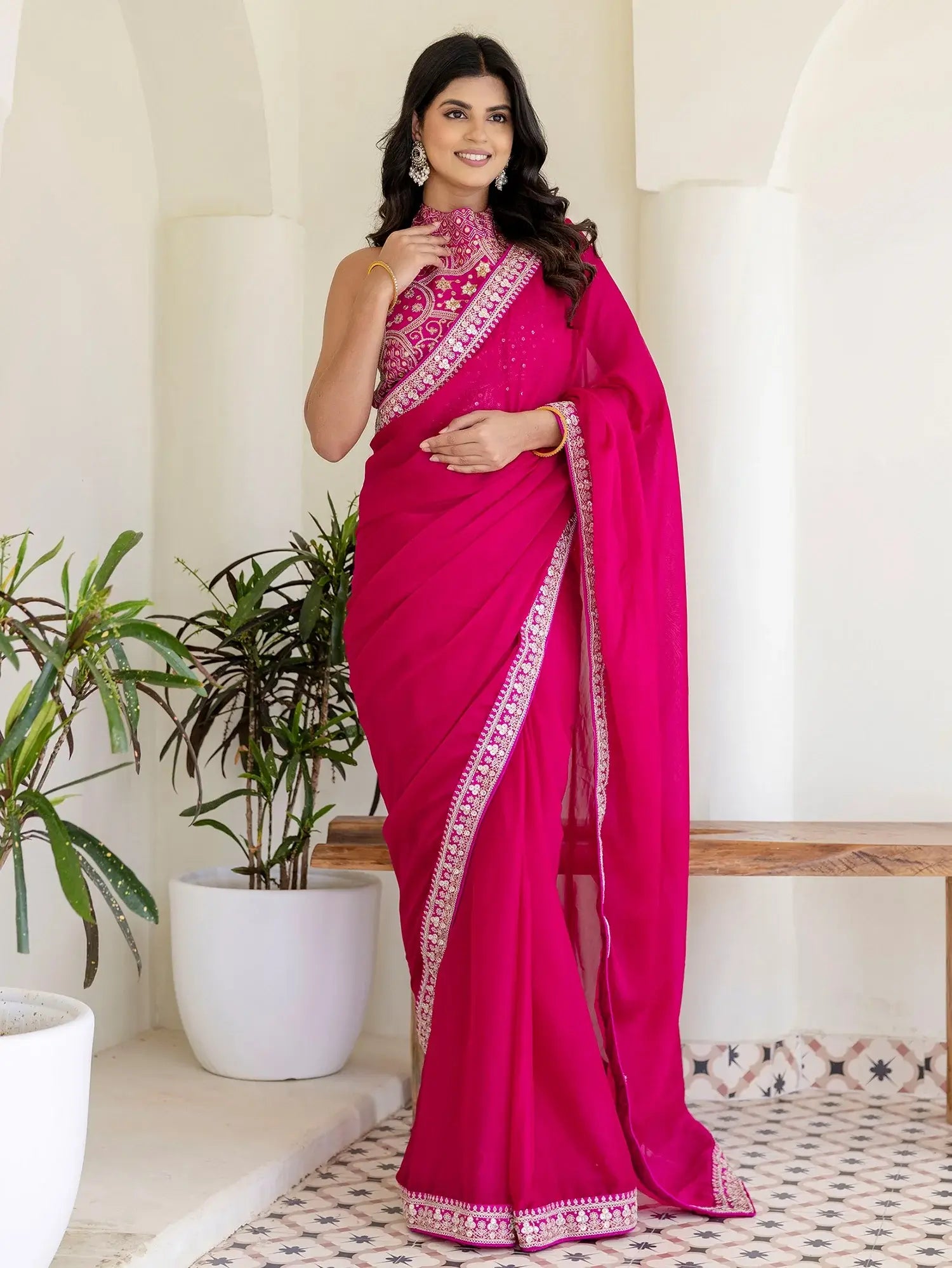Stellar Rani Pink Border Work Silk Engagement Wear Saree With Blouse - Zeel Clothing