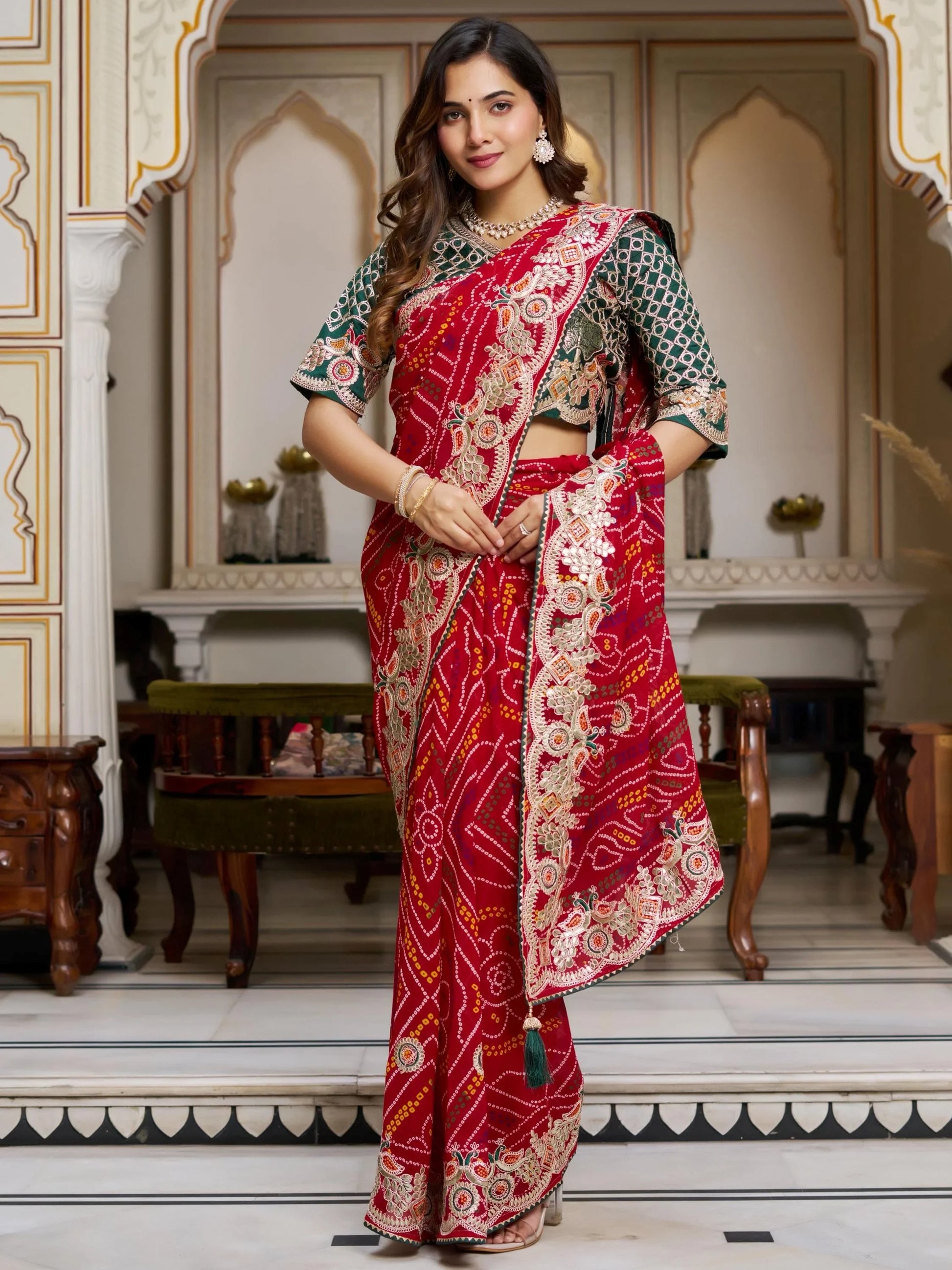Stellar Red Bandhani Print Bandhej Festive Wear Saree With Blouse