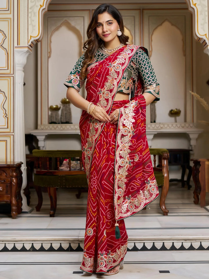Stellar Red Bandhani Print Bandhej Festive Wear Saree With Blouse