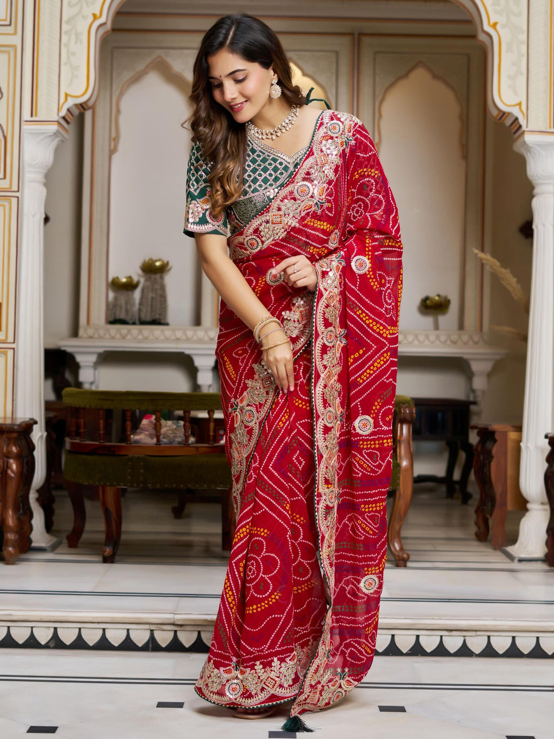 Stellar Red Bandhani Print Bandhej Festive Wear Saree With Blouse