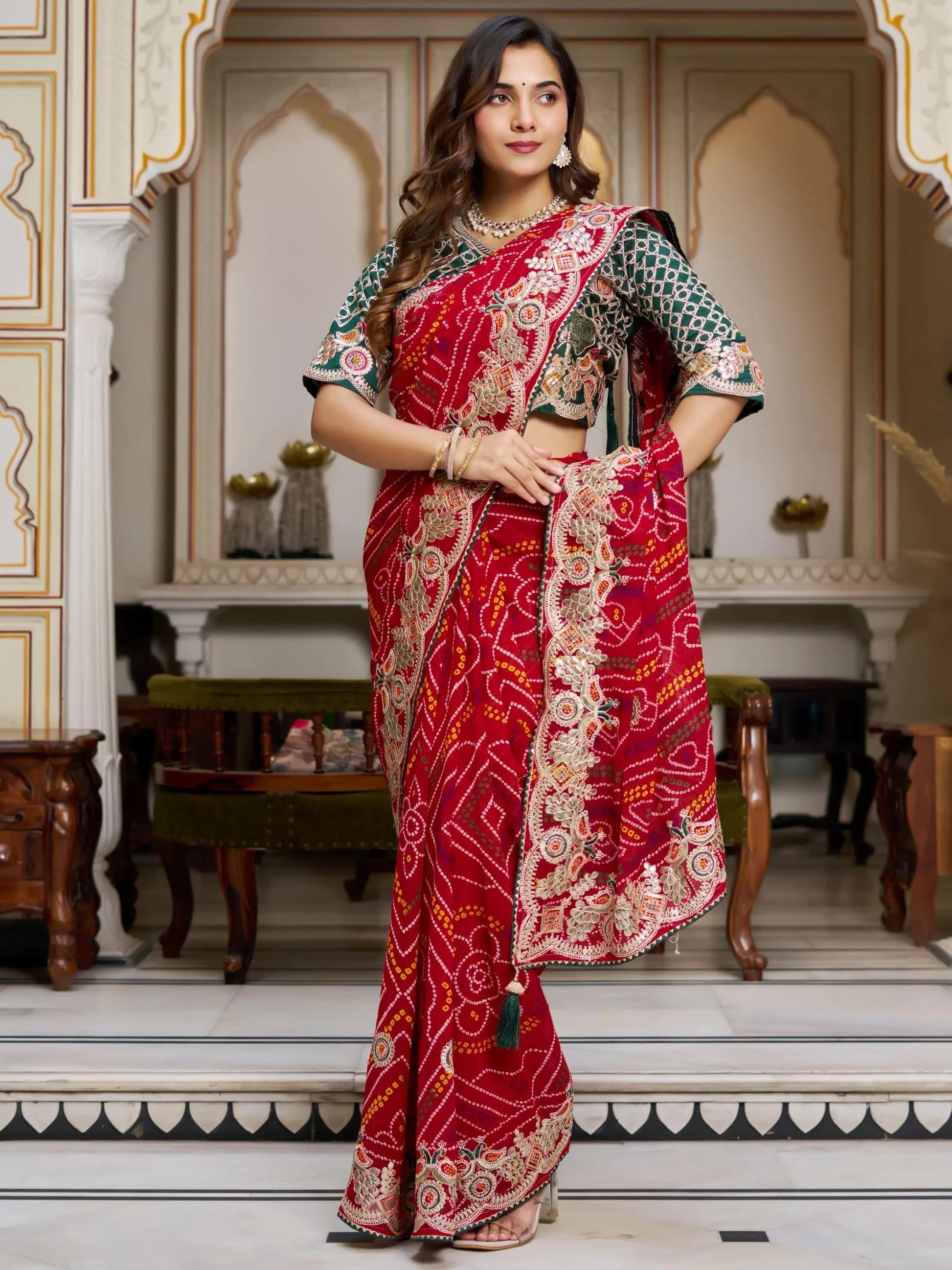 Stellar Red Bandhani Print Bandhej Festive Wear Saree With Blouse
