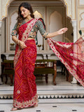 Stellar Red Bandhani Print Bandhej Festive Wear Saree With Blouse