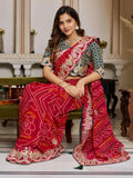 Stellar Red Bandhani Print Bandhej Festive Wear Saree With Blouse
