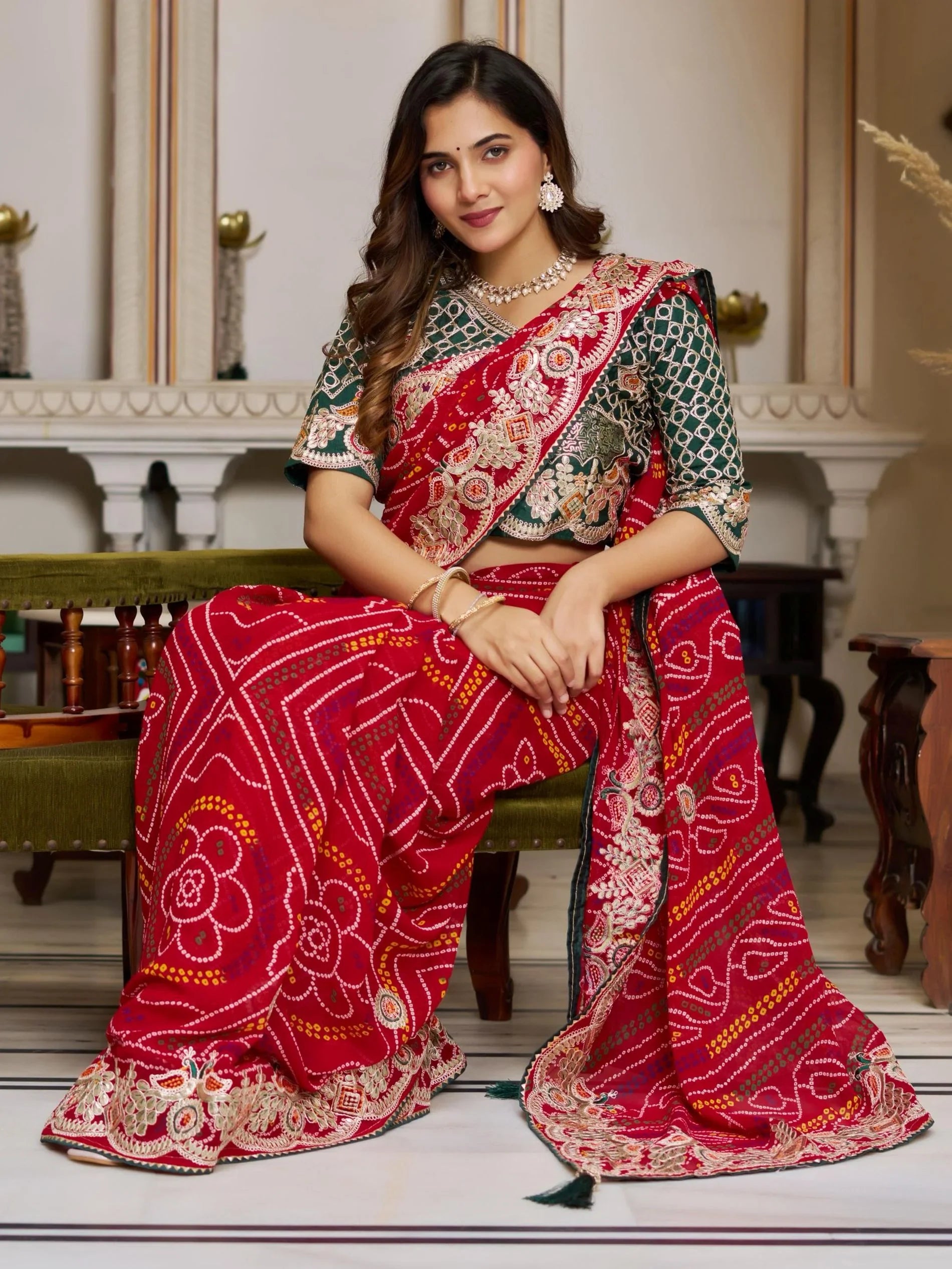 Stellar Red Bandhani Print Bandhej Festive Wear Saree With Blouse