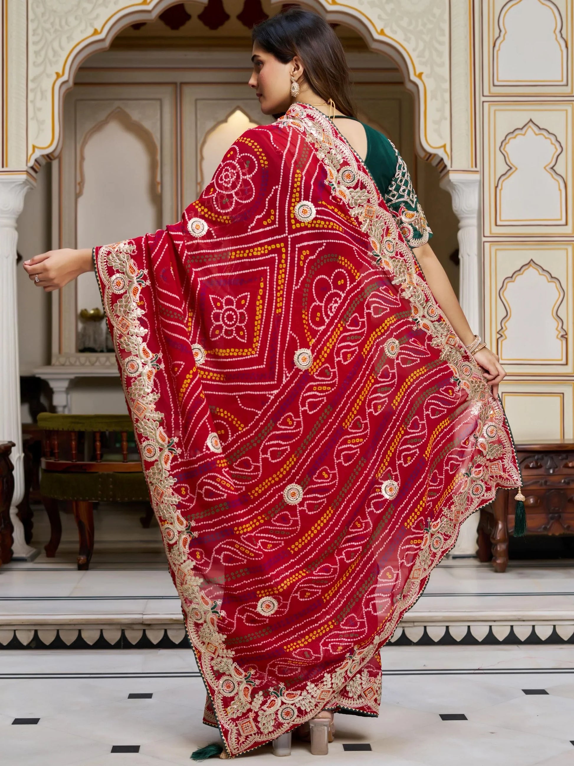 Stellar Red Bandhani Print Bandhej Festive Wear Saree With Blouse