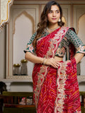 Stellar Red Bandhani Print Bandhej Festive Wear Saree With Blouse