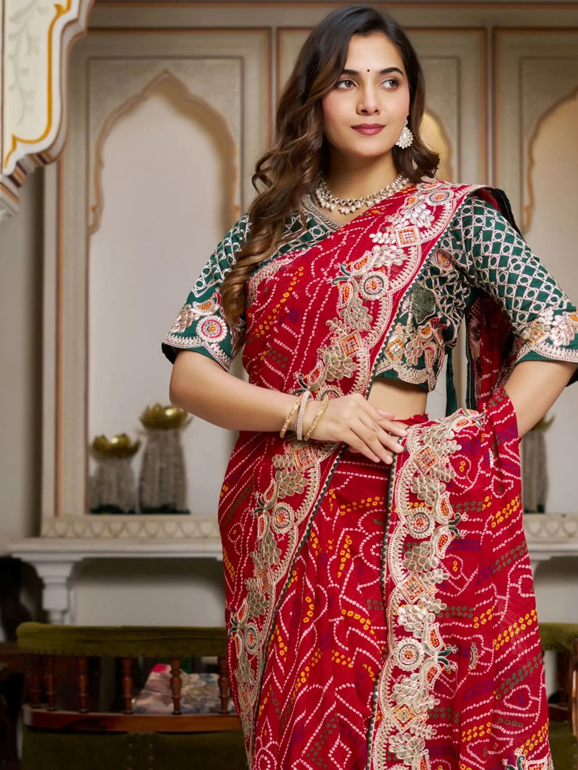 Stellar Red Bandhani Print Bandhej Festive Wear Saree With Blouse