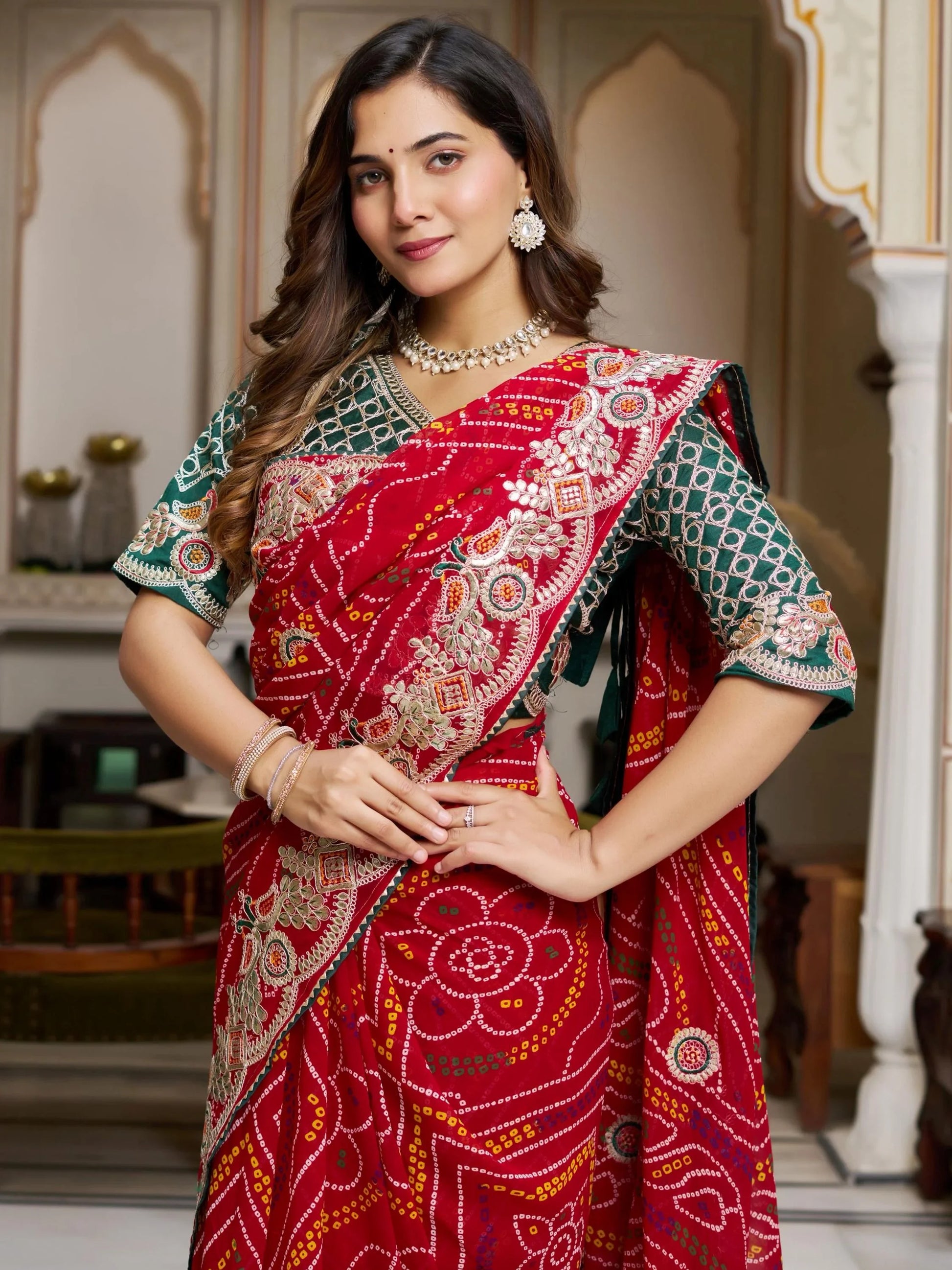 Stellar Red Bandhani Print Bandhej Festive Wear Saree With Blouse