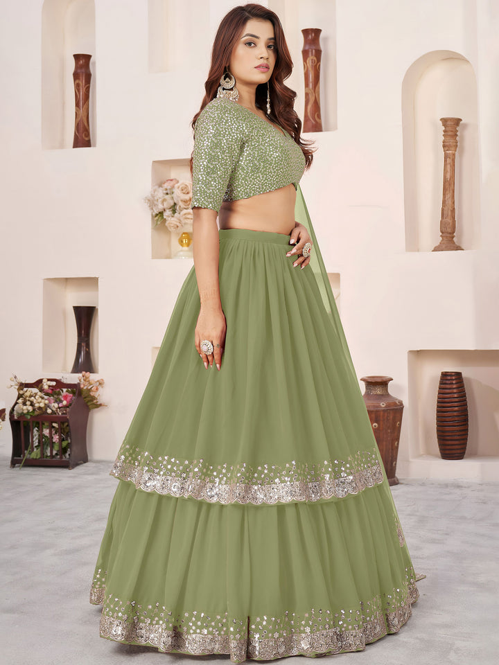 Striking Green Embroidered Georgette Engagement Lehenga With Dupatta