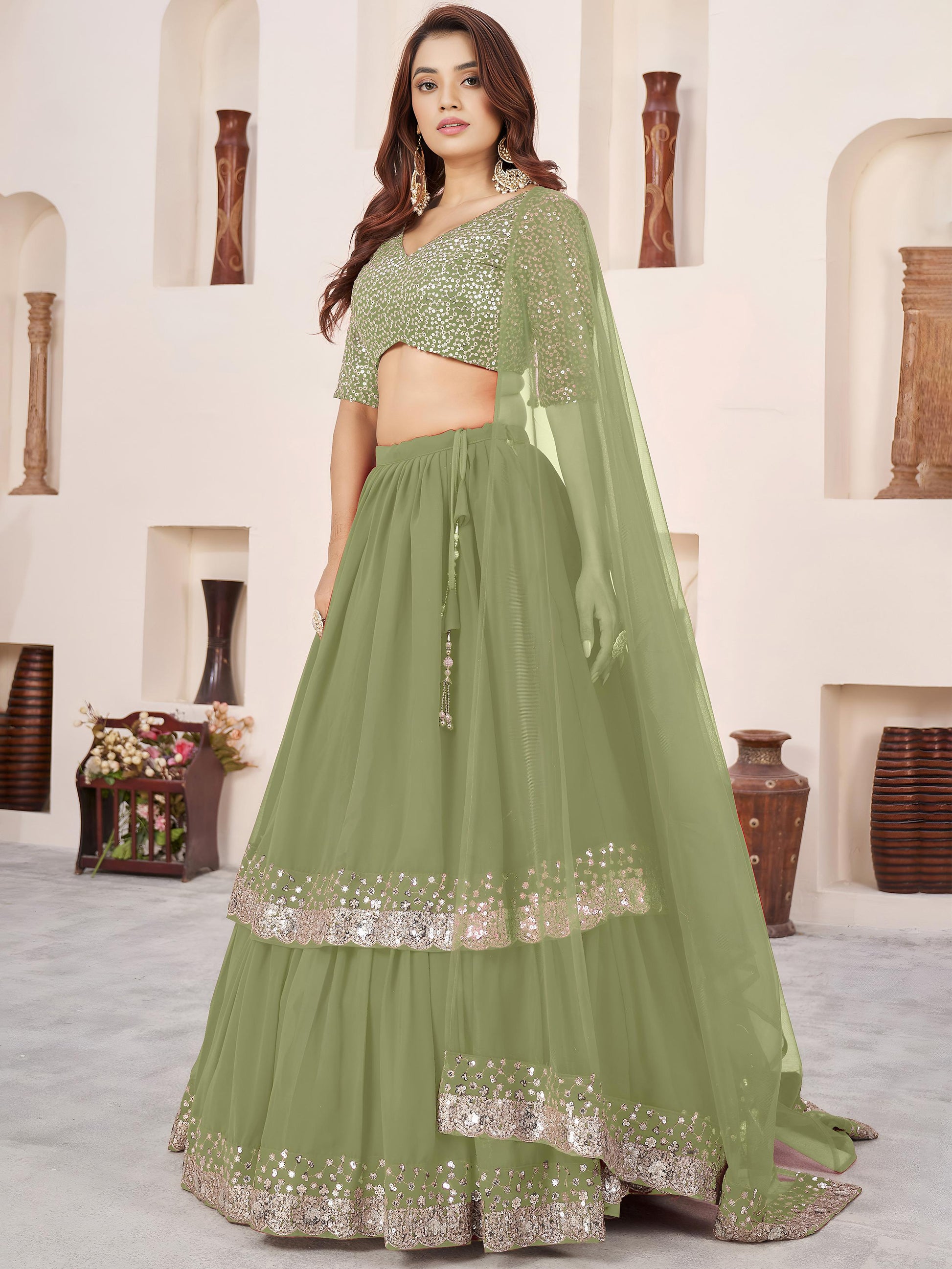 Striking Green Embroidered Georgette Engagement Lehenga With Dupatta