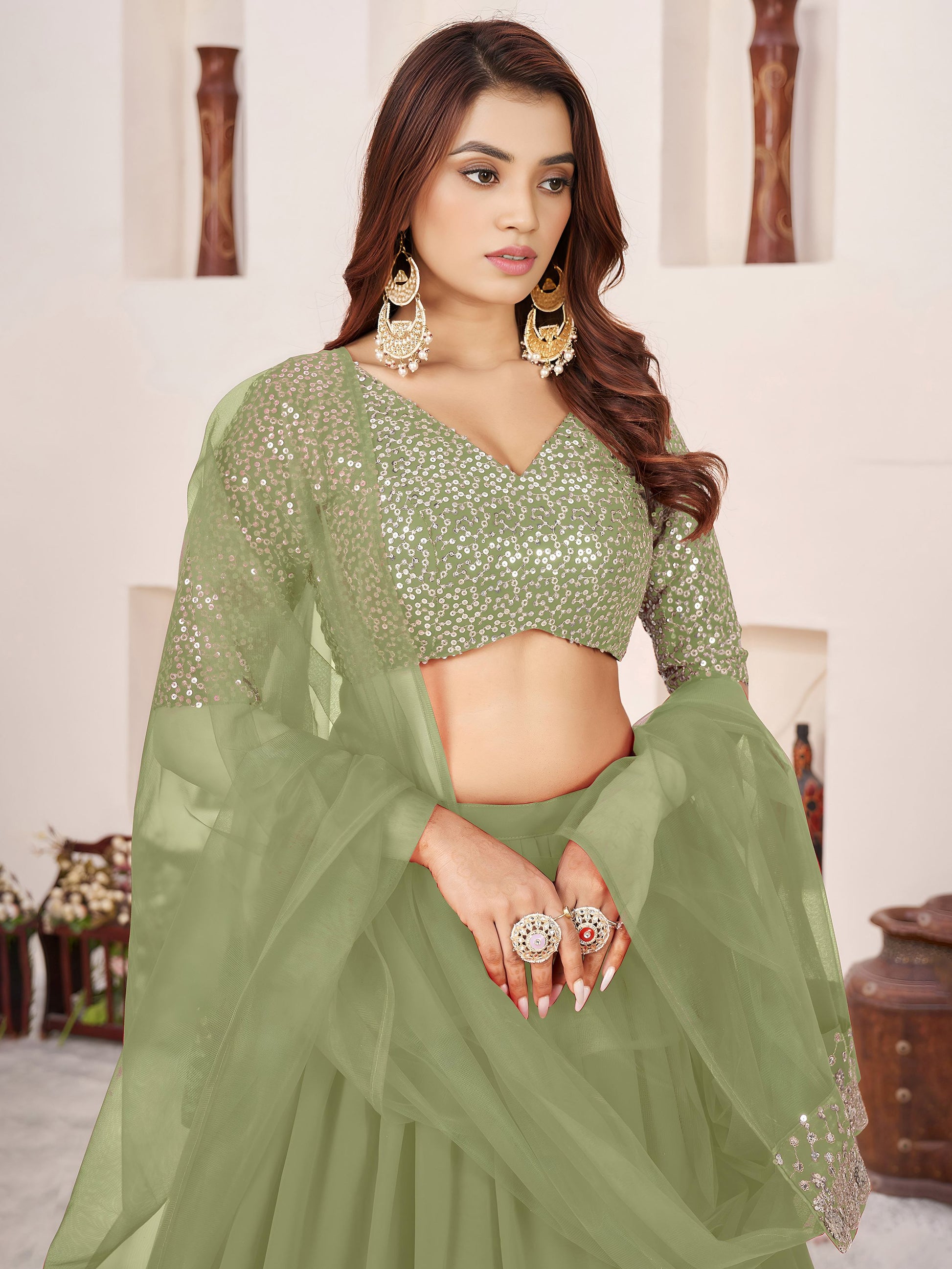 Striking Green Embroidered Georgette Engagement Lehenga With Dupatta