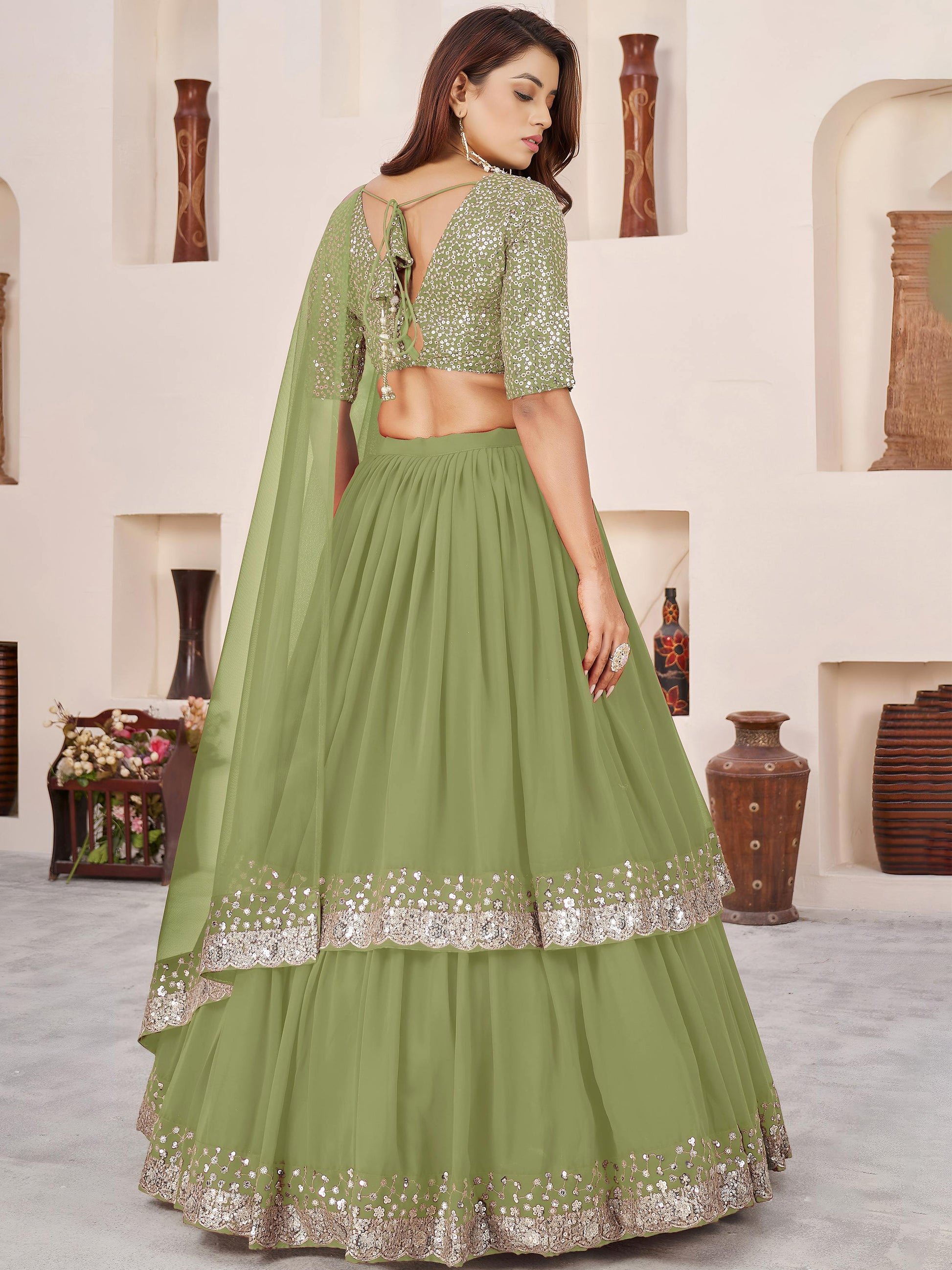 Striking Green Embroidered Georgette Engagement Lehenga With Dupatta