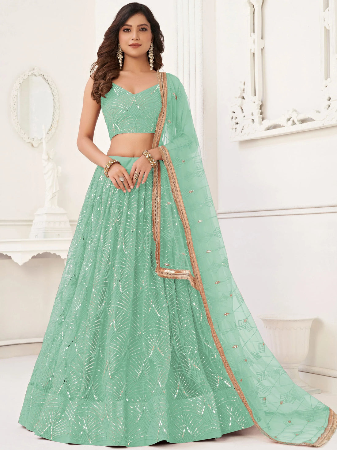 Striking Green Sequins Work Net Party Wear Lehenga Choli With Dupatta