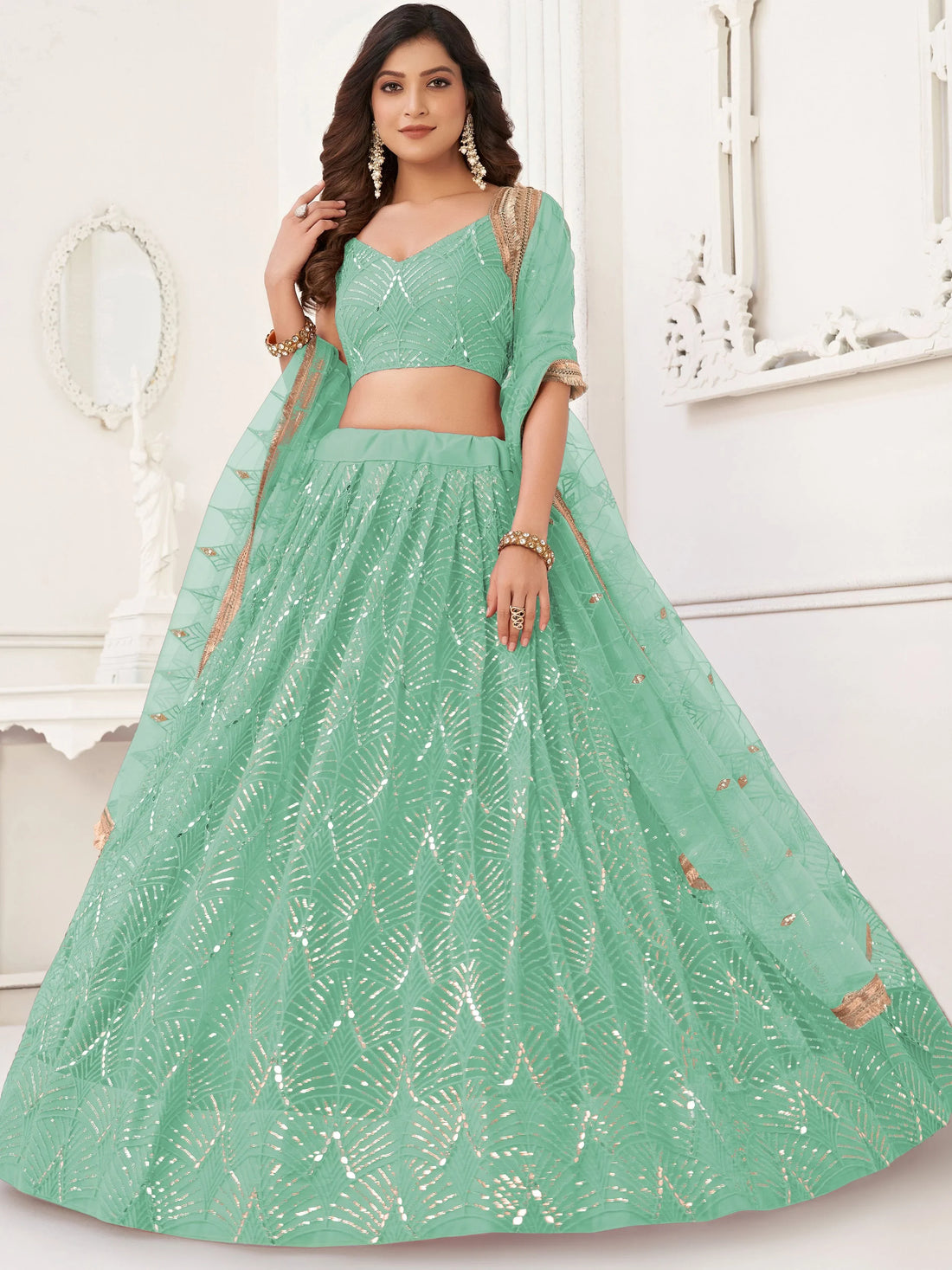 Striking Green Sequins Work Net Party Wear Lehenga Choli With Dupatta