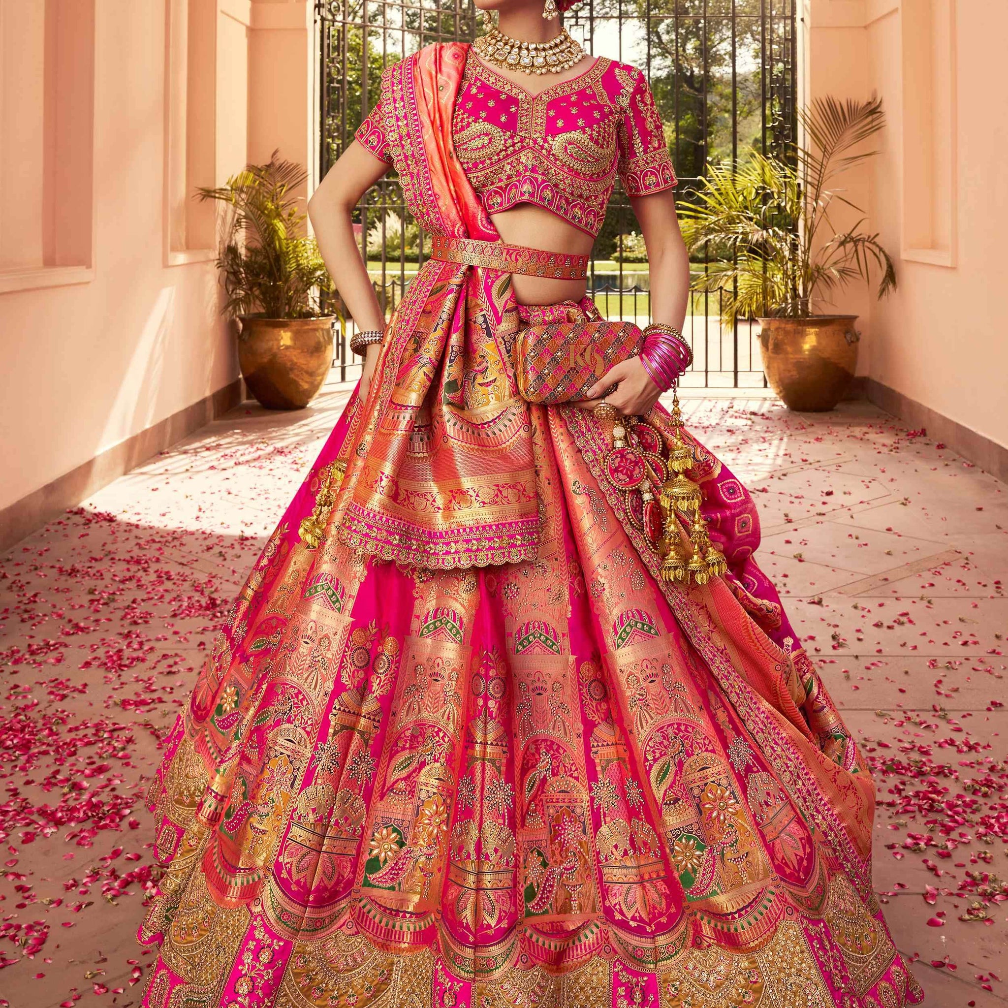 Striking Hot Pink Thread Embroidered Banarasi Silk Wedding Lehenga Choli - Zeel Clothing