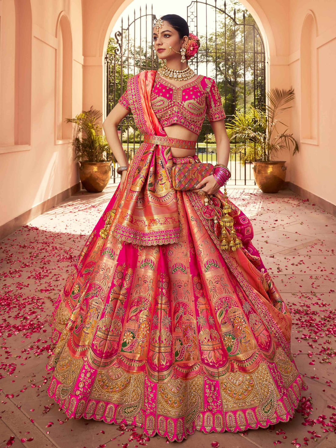 Striking Hot Pink Thread Embroidered Banarasi Silk Wedding Lehenga Choli - Zeel Clothing