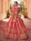 Striking Hot Pink Thread Embroidered Banarasi Silk Wedding Lehenga Choli - Zeel Clothing