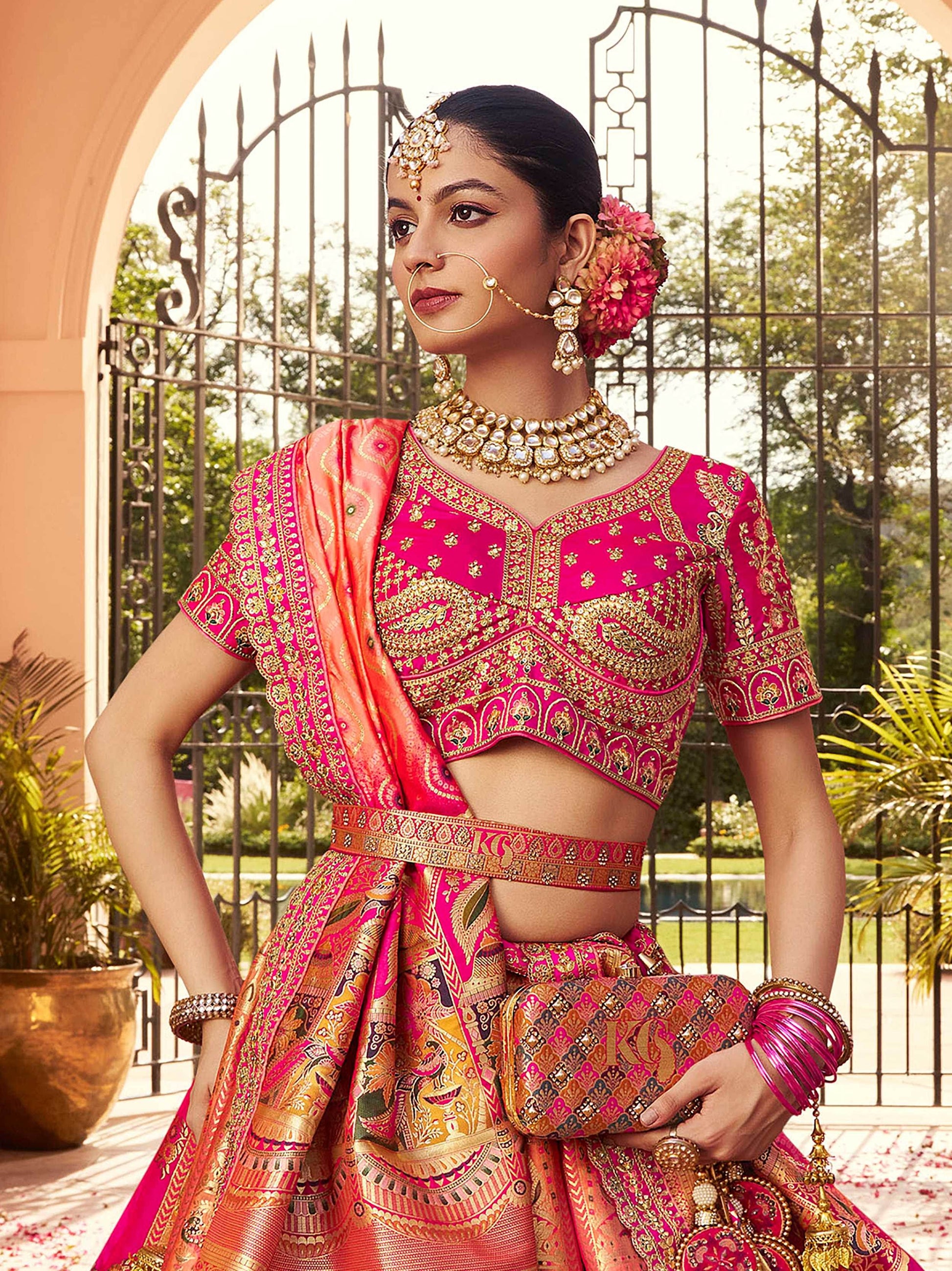 Striking Hot Pink Thread Embroidered Banarasi Silk Wedding Lehenga Choli - Zeel Clothing