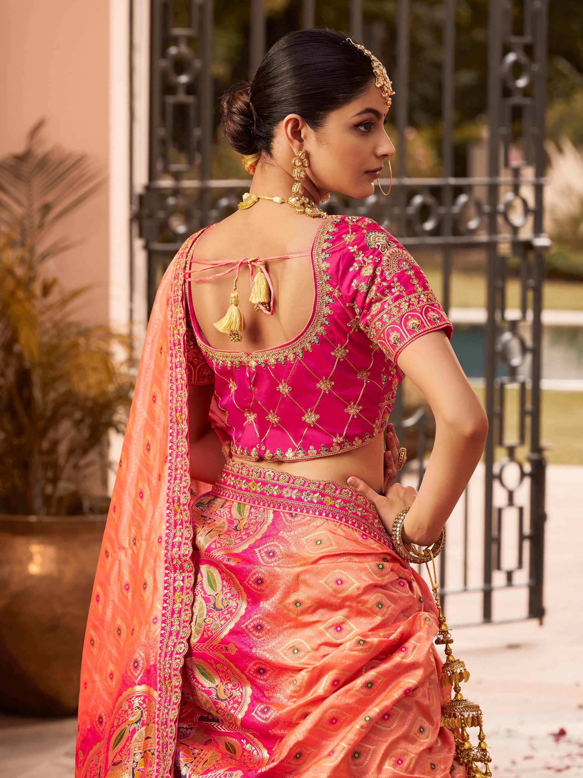 Striking Hot Pink Thread Embroidered Banarasi Silk Wedding Lehenga Choli - Zeel Clothing