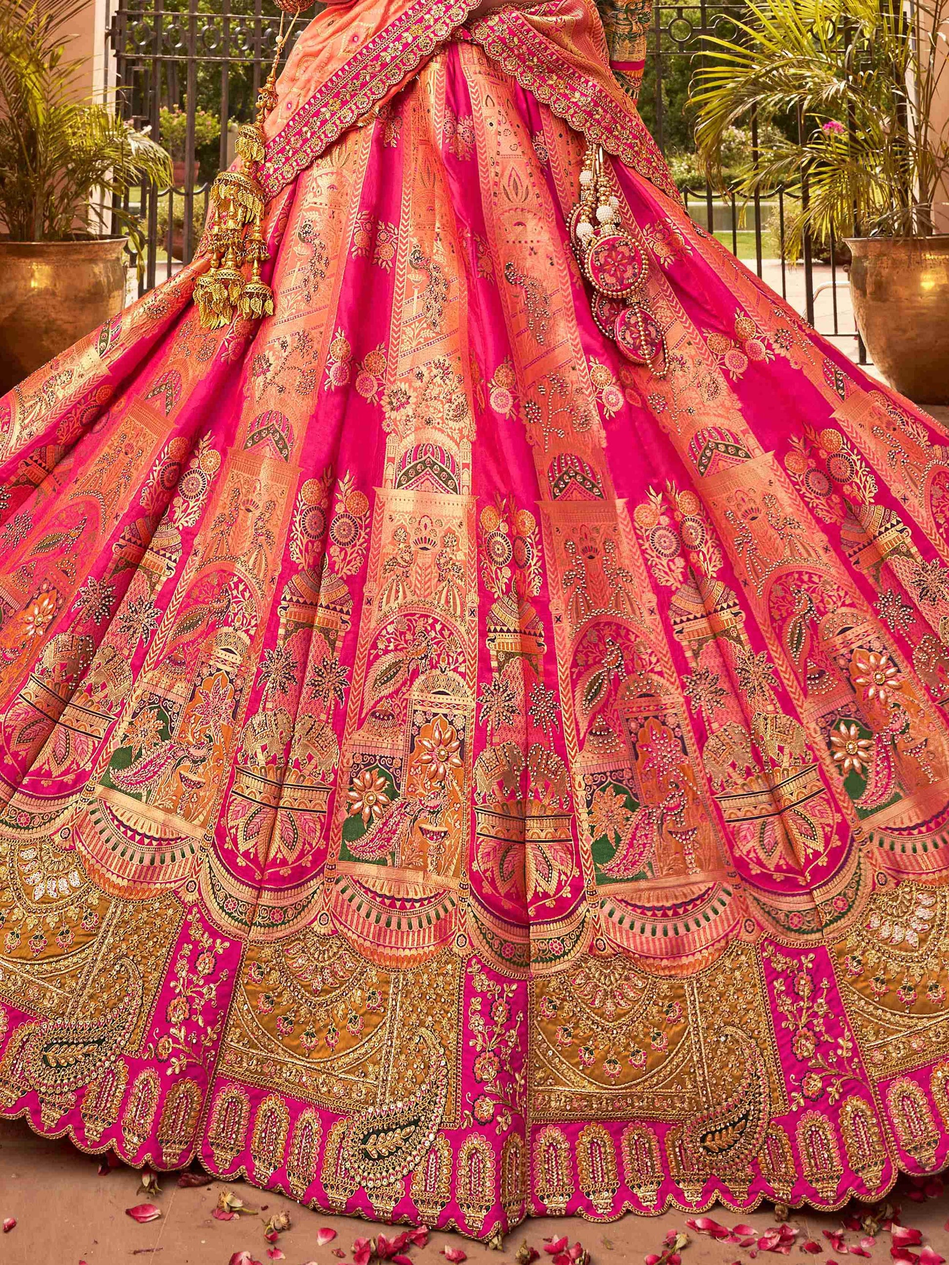 Striking Hot Pink Thread Embroidered Banarasi Silk Wedding Lehenga Choli - Zeel Clothing