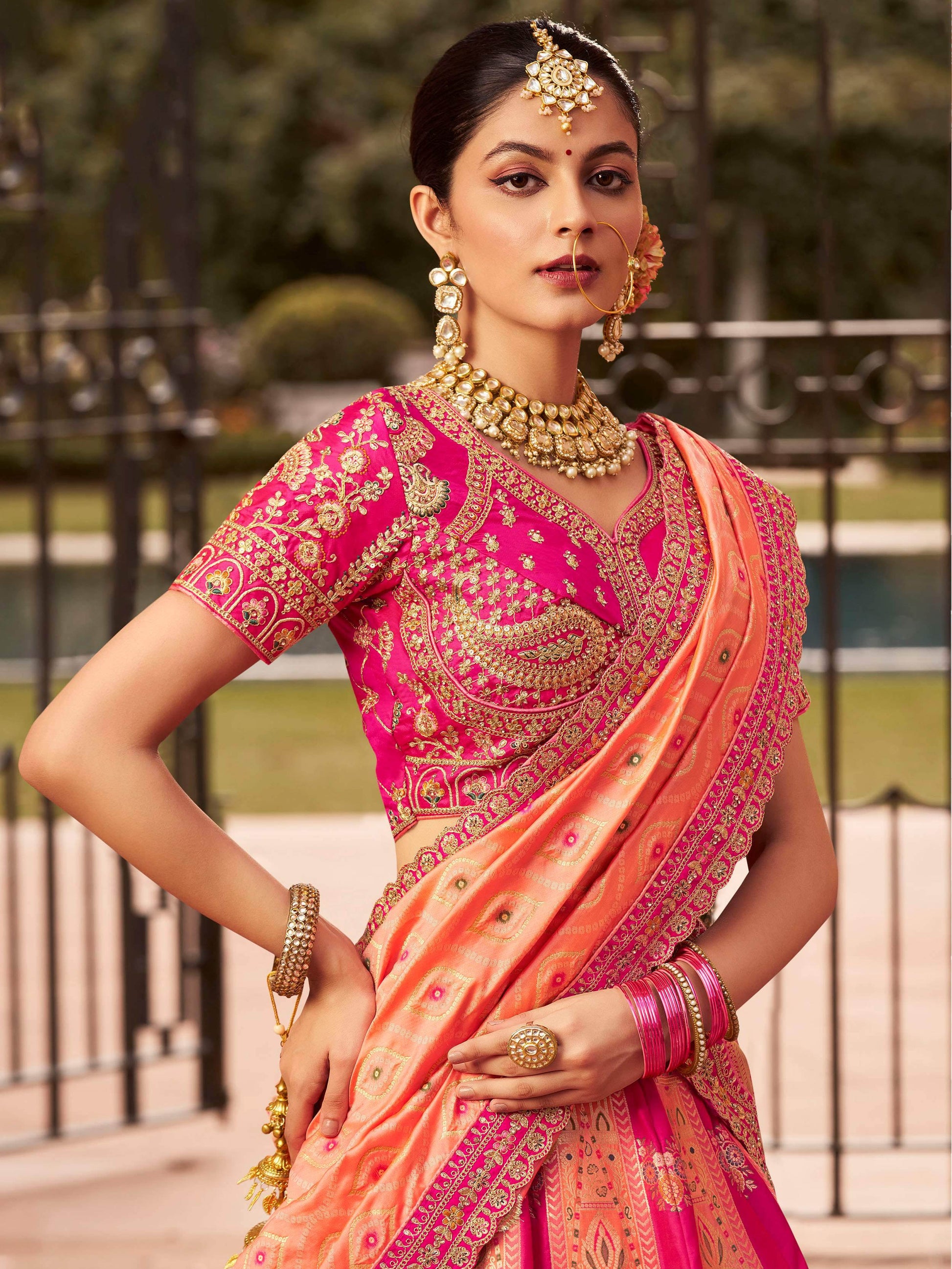 Striking Hot Pink Thread Embroidered Banarasi Silk Wedding Lehenga Choli - Zeel Clothing