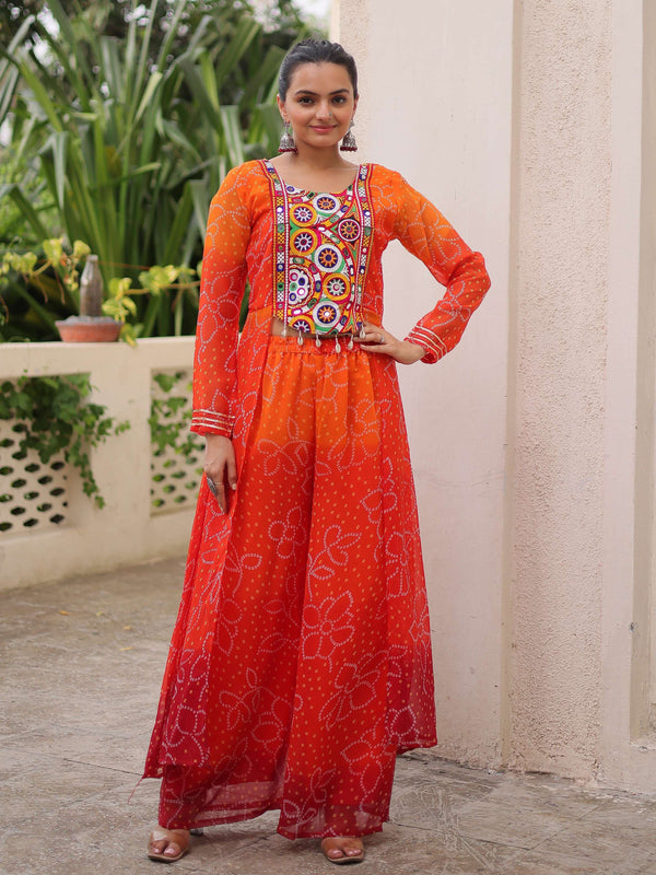Striking Orange Bandhani Printed Georgette Navratri Special Co-Ord Set - Zeel Clothing