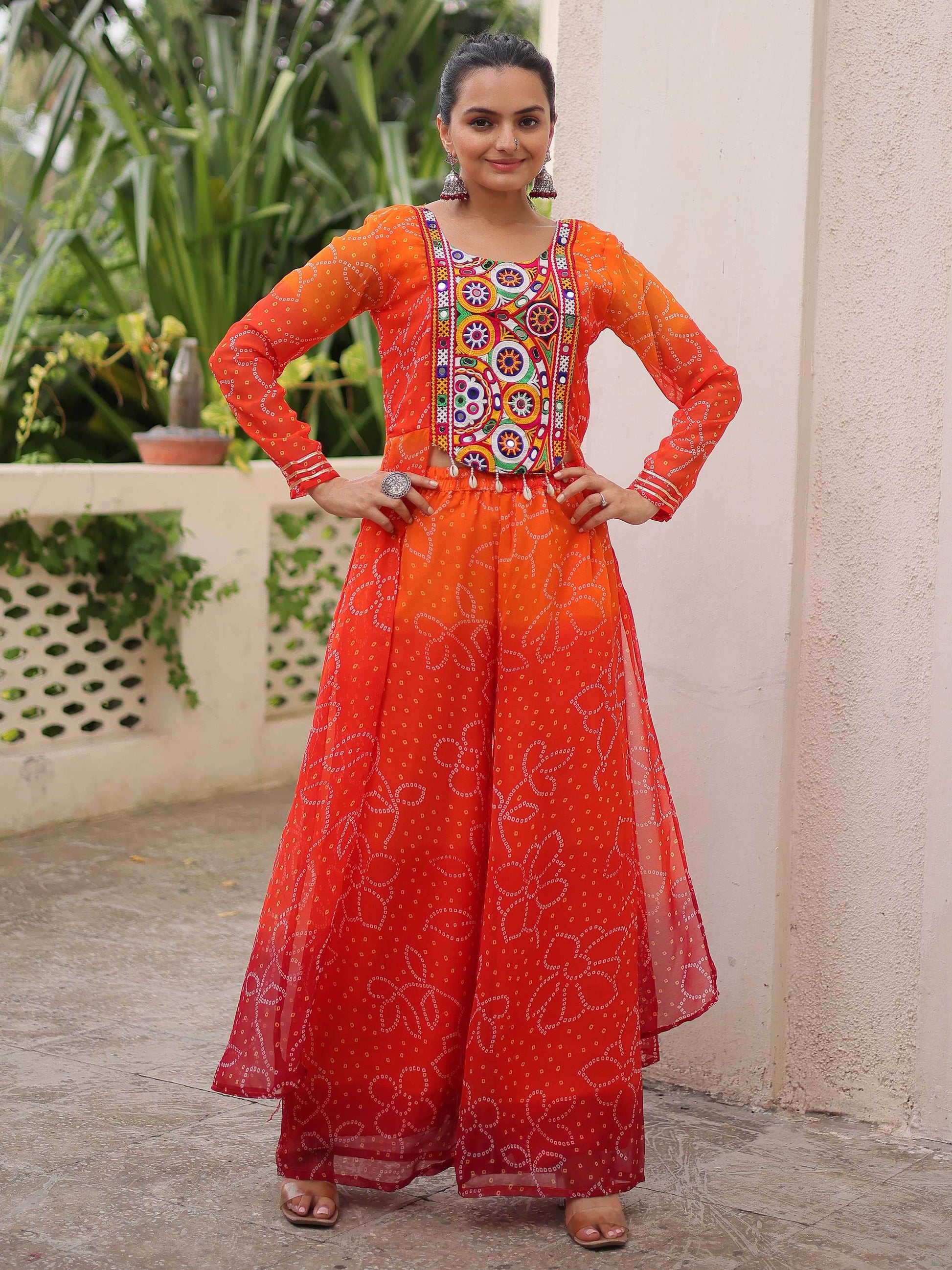 Striking Orange Bandhani Printed Georgette Navratri Special Co-Ord Set - Zeel Clothing