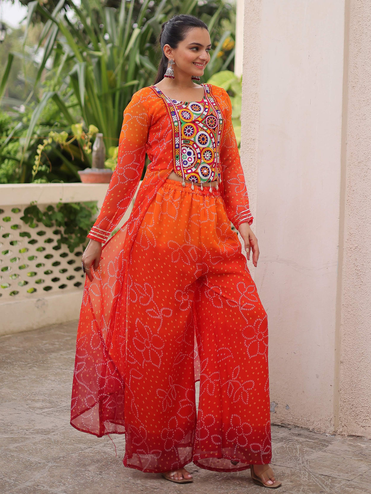 Striking Orange Bandhani Printed Georgette Navratri Special Co-Ord Set - Zeel Clothing