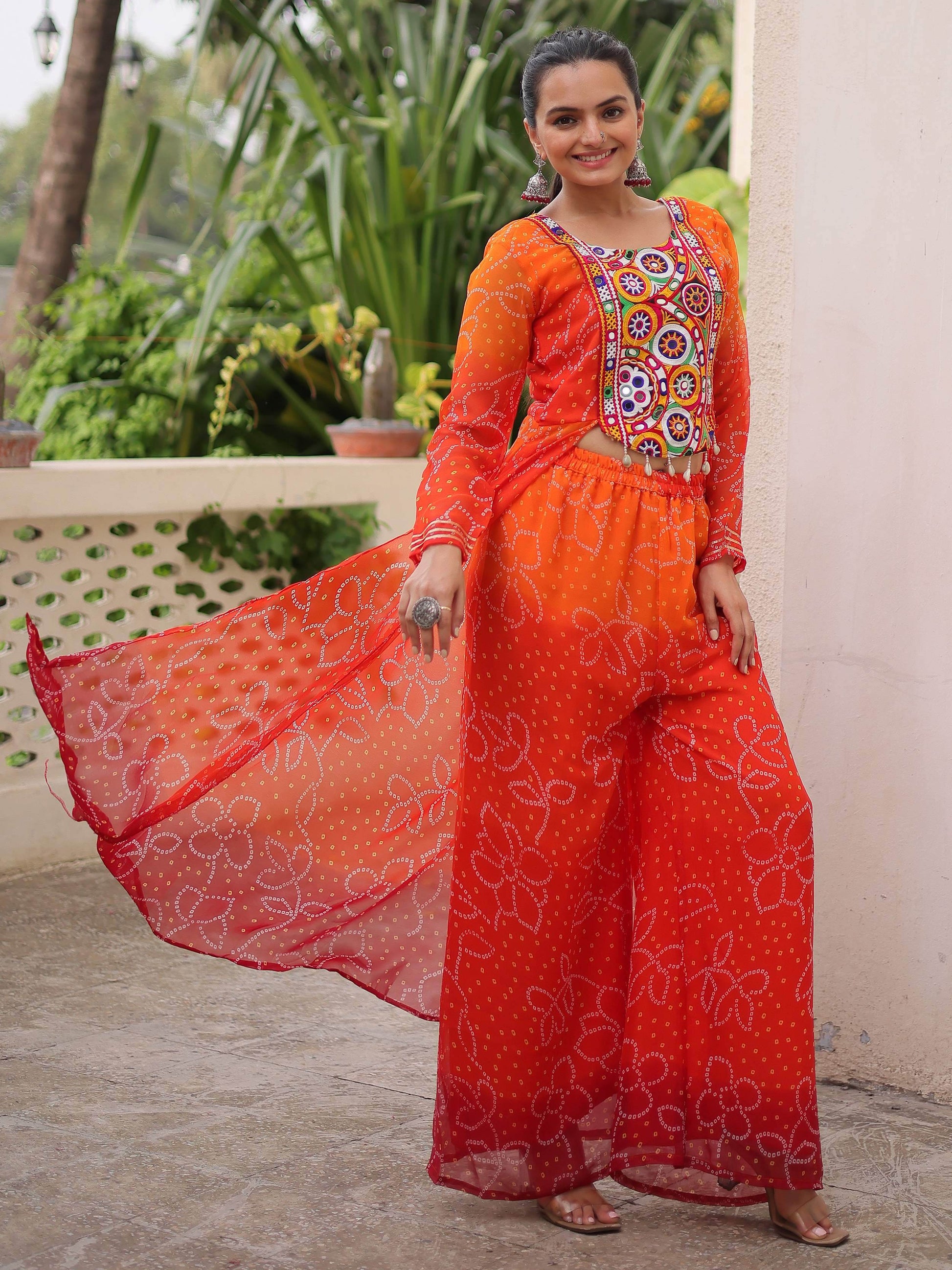 Striking Orange Bandhani Printed Georgette Navratri Special Co-Ord Set - Zeel Clothing