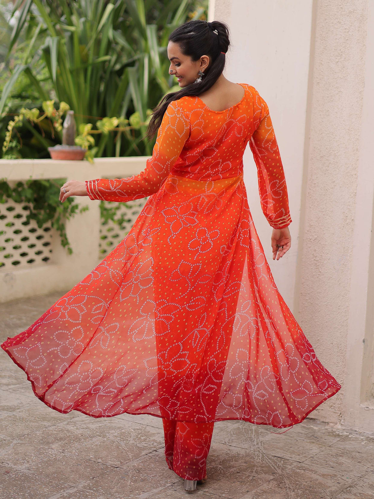 Striking Orange Bandhani Printed Georgette Navratri Special Co-Ord Set - Zeel Clothing