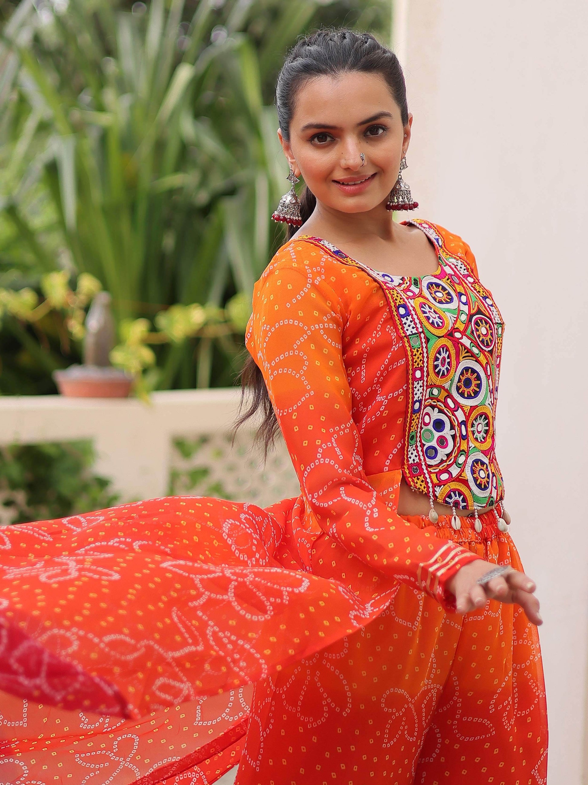 Striking Orange Bandhani Printed Georgette Navratri Special Co-Ord Set - Zeel Clothing