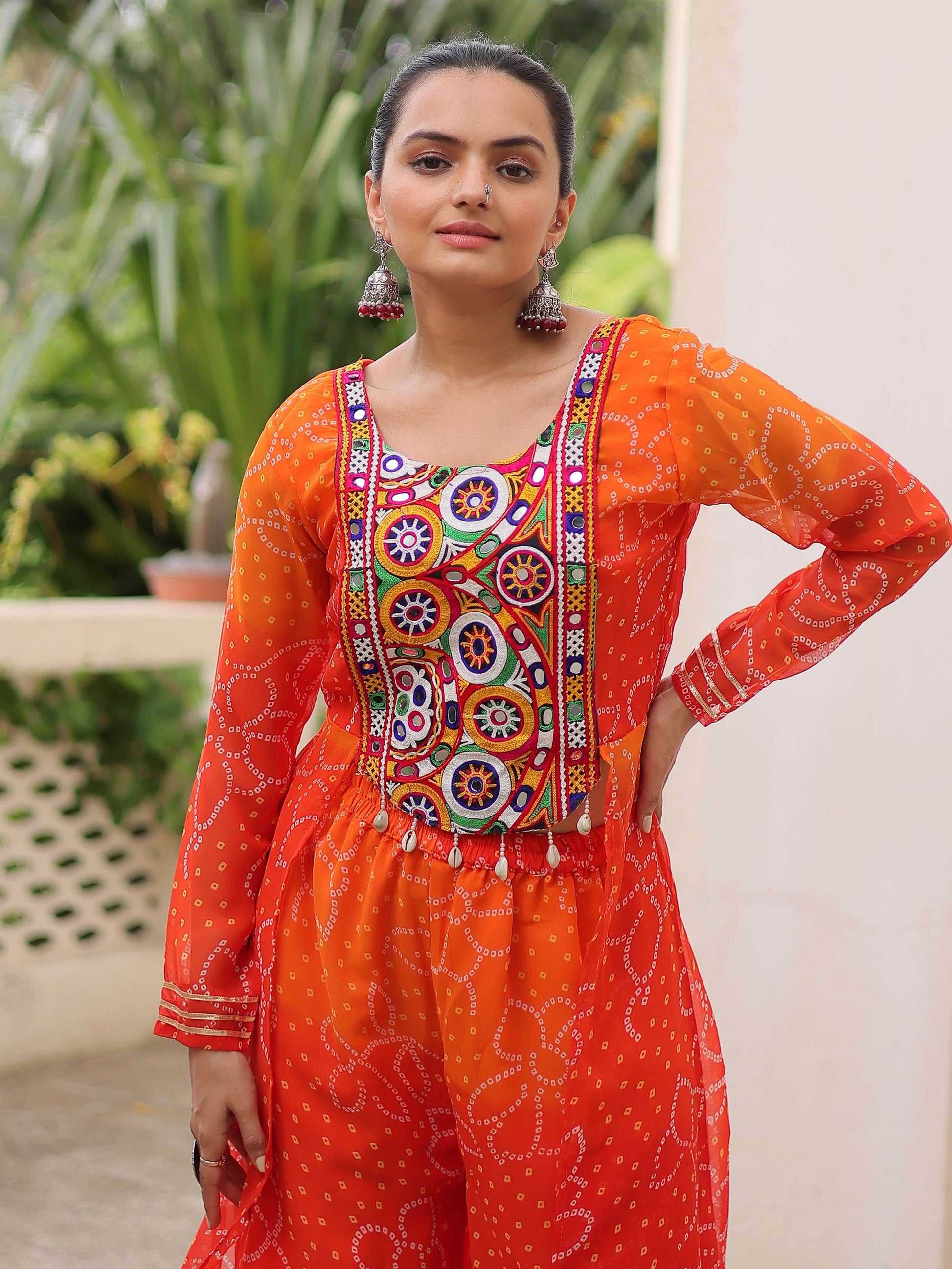 Striking Orange Bandhani Printed Georgette Navratri Special Co-Ord Set - Zeel Clothing