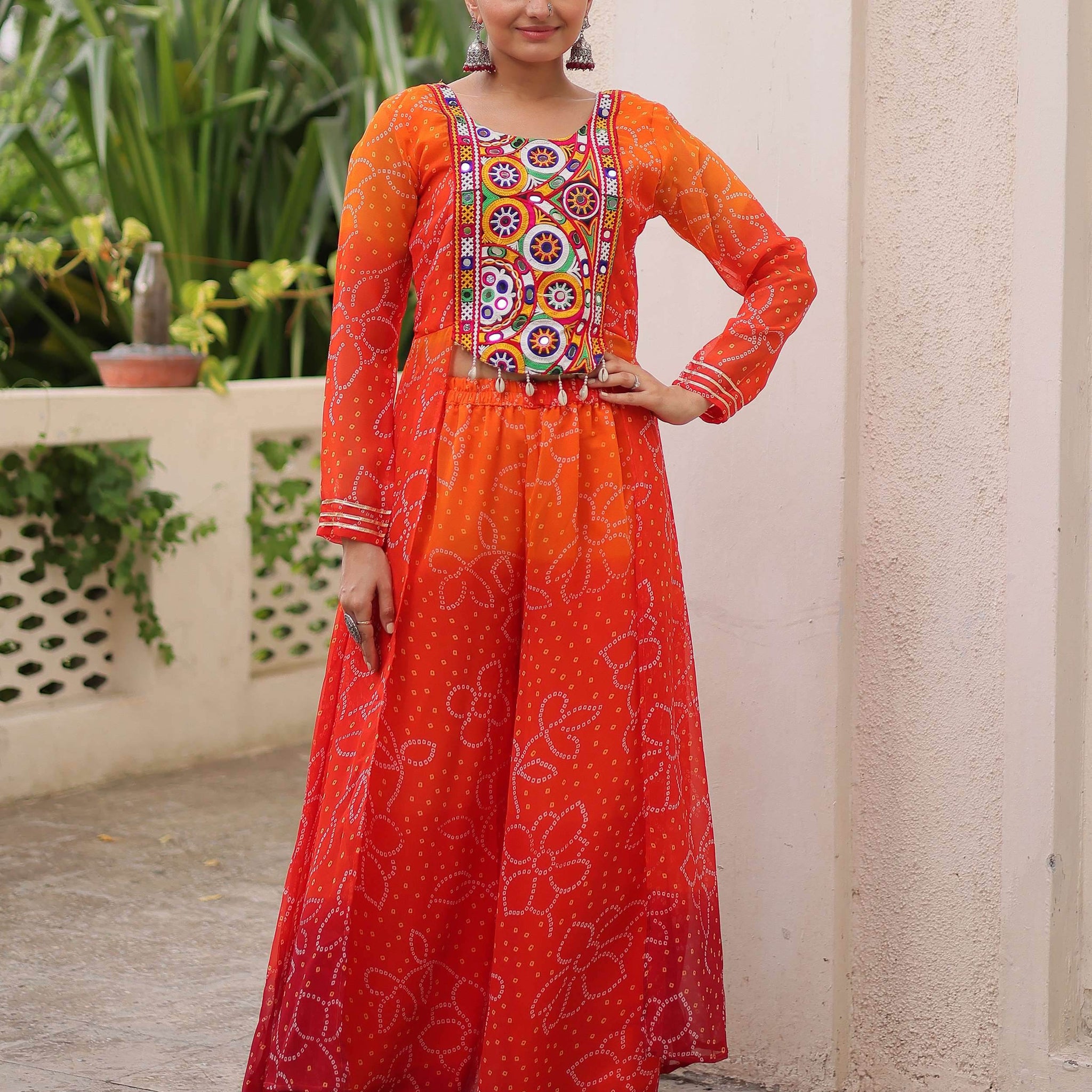 Striking Orange Bandhani Printed Georgette Navratri Special Co-Ord Set - Zeel Clothing