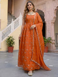 Striking Orange Thread Embroidery Work Silk Evening Wear Gown