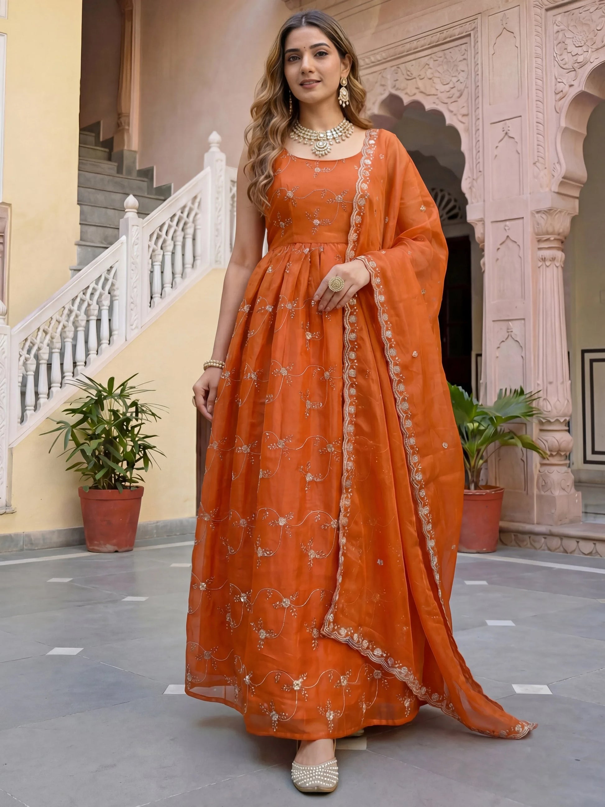 Striking Orange Thread Embroidery Work Silk Evening Wear Gown