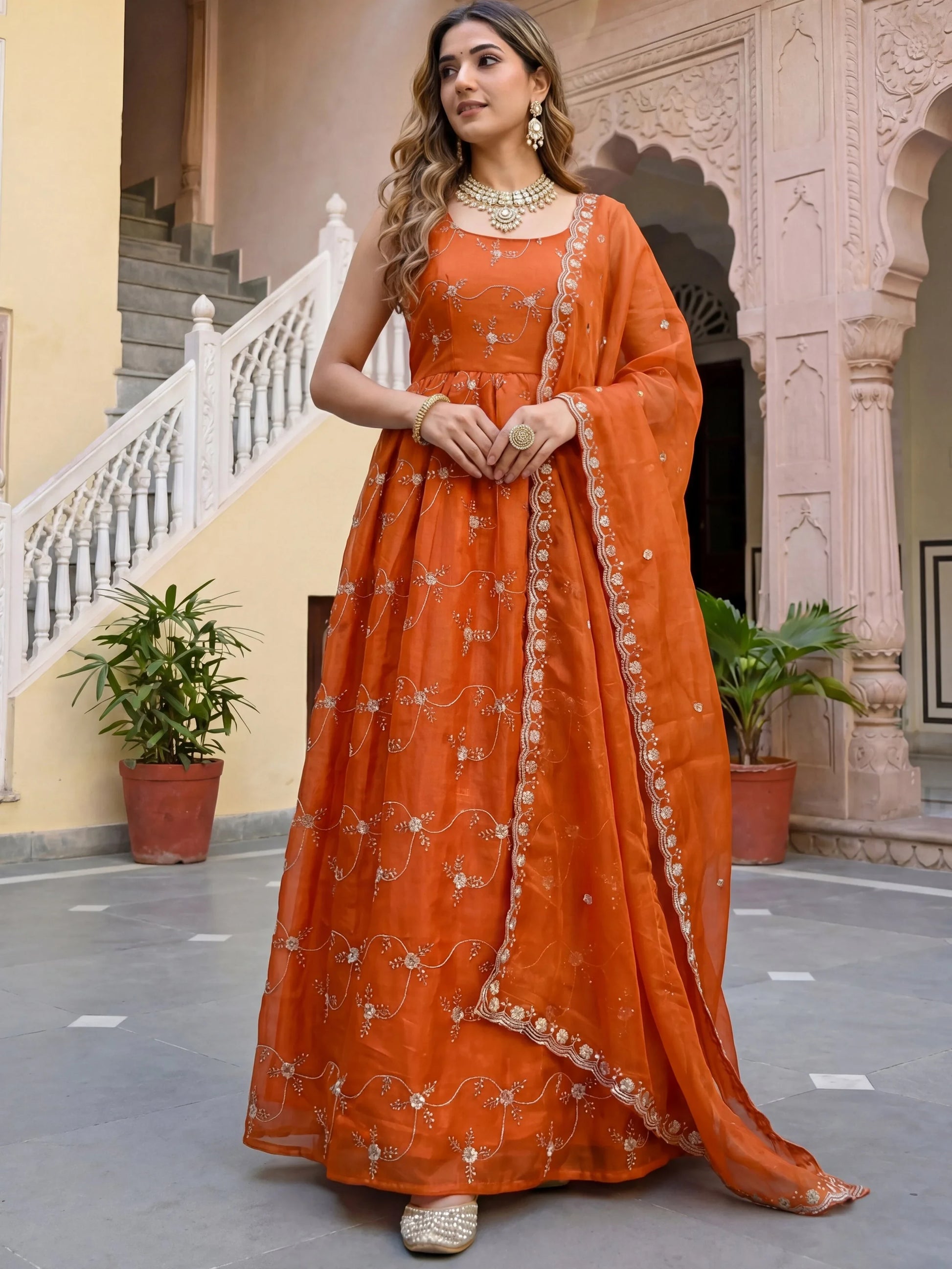 Striking Orange Thread Embroidery Work Silk Evening Wear Gown