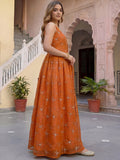 Striking Orange Thread Embroidery Work Silk Evening Wear Gown