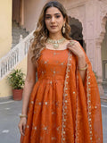 Striking Orange Thread Embroidery Work Silk Evening Wear Gown