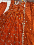 Striking Orange Thread Embroidery Work Silk Evening Wear Gown