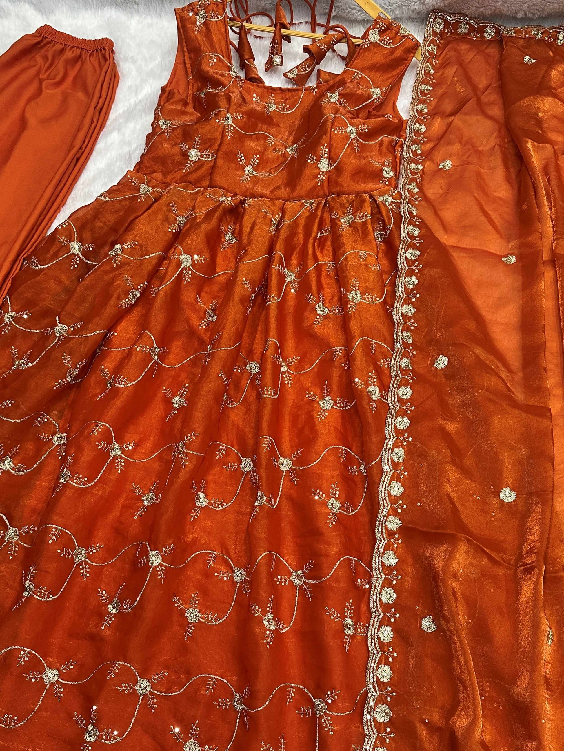 Striking Orange Thread Embroidery Work Silk Evening Wear Gown