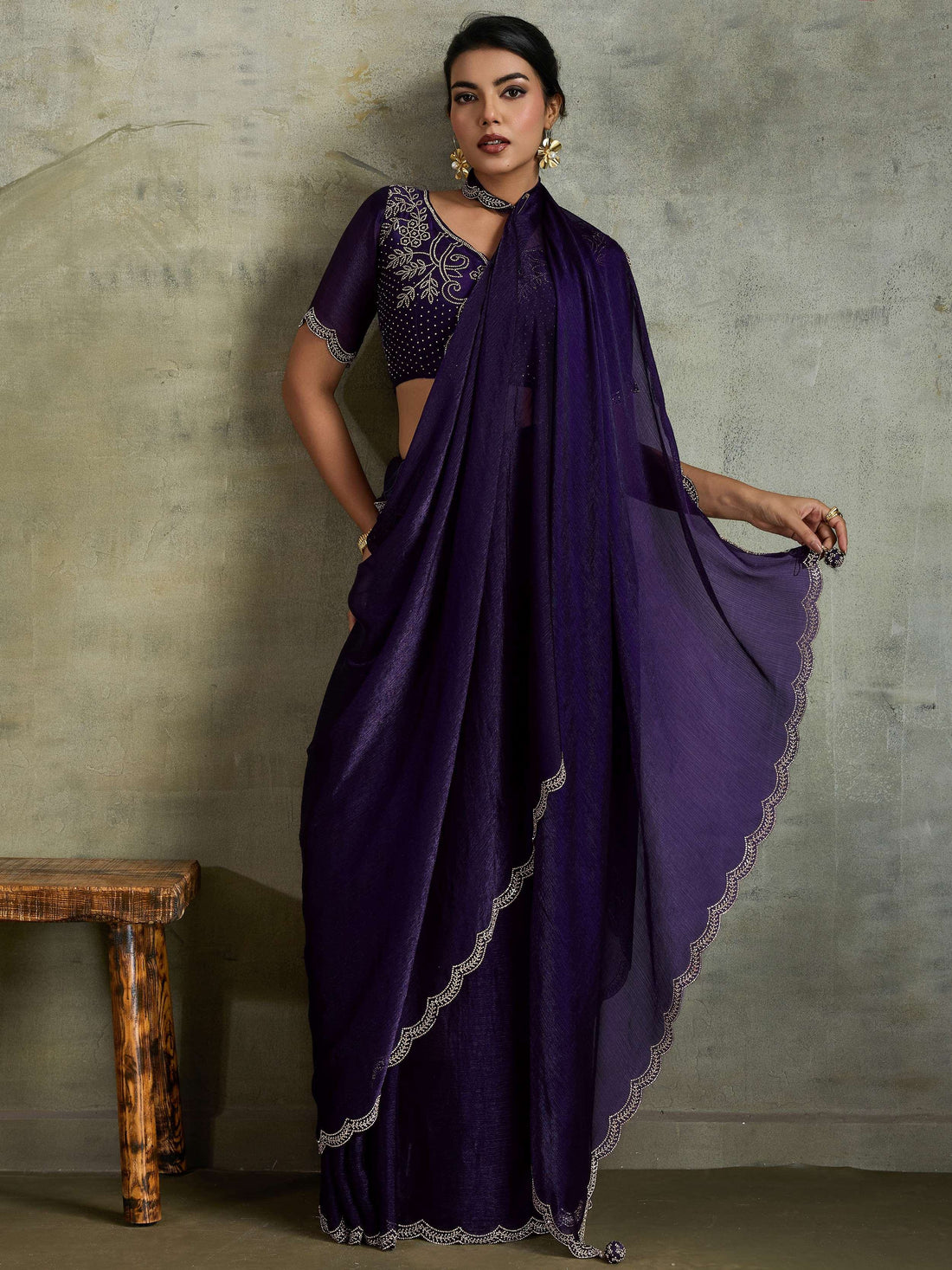 Striking Purple Chiffon Party Wear Saree With Jarkan Work Blouse