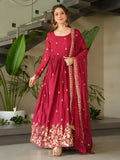 Striking Red Sequins Embroidery Chinon Engagement Wear Gown With Dupatta - Zeel Clothing