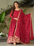 Striking Red Sequins Embroidery Chinon Engagement Wear Gown With Dupatta - Zeel Clothing