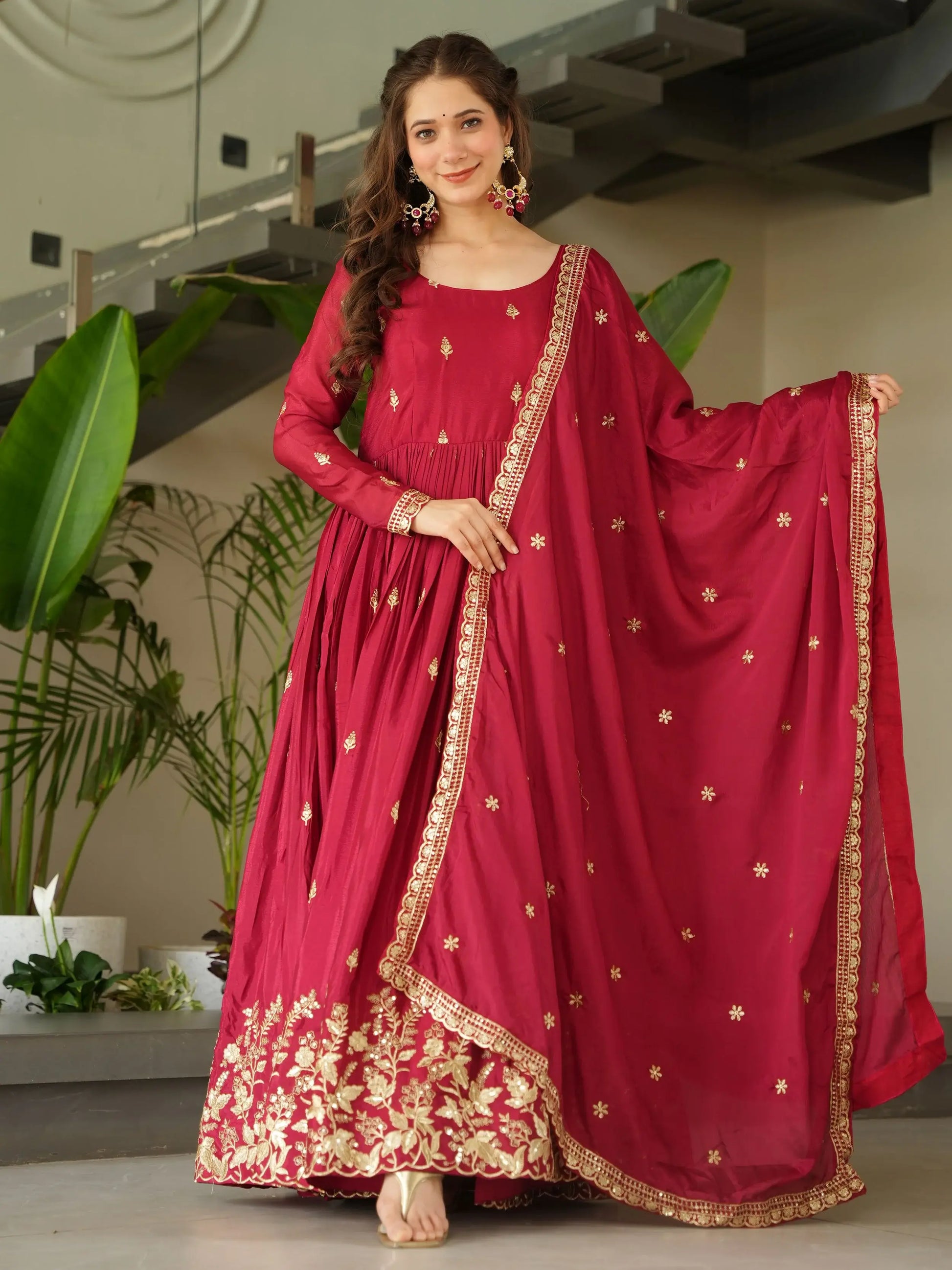 Striking Red Sequins Embroidery Chinon Engagement Wear Gown With Dupatta - Zeel Clothing