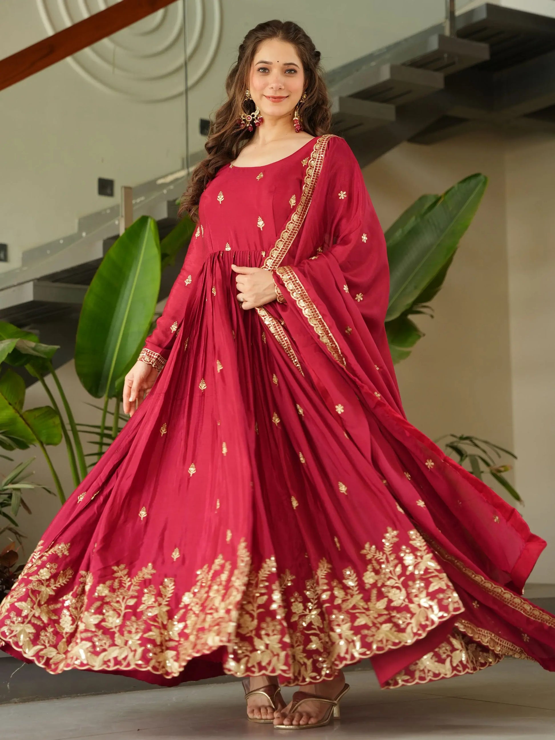 Striking Red Sequins Embroidery Chinon Engagement Wear Gown With Dupatta - Zeel Clothing